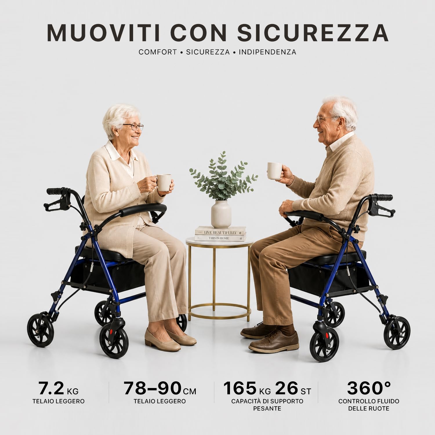 Deambulatore pieghevole leggero con sedile, 4 ruote, freni e borsa portaoggetti – Ausilio per la mobilità per anziani e adulti – Altezza regolabile, compatto e portatile