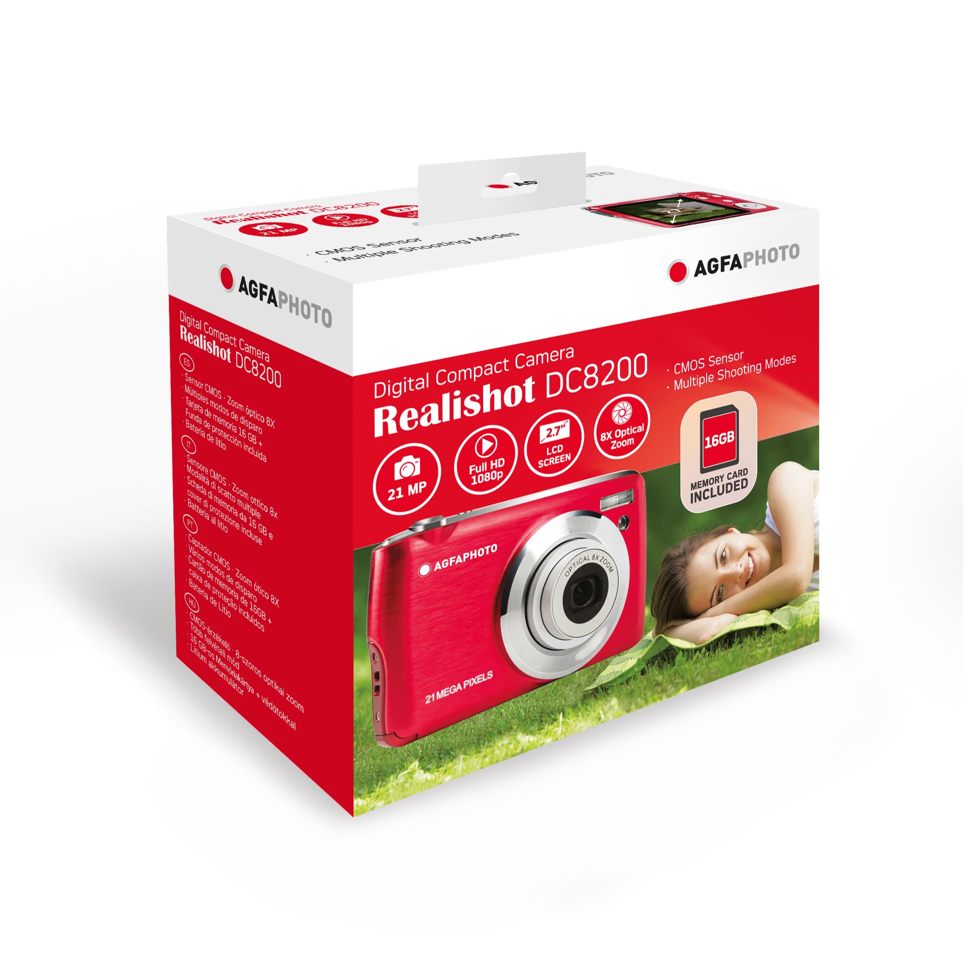 AGFA PHOTO Realishot DC8200 - Fotocamera Digitale Compatta, 18MP, Video Full HD, Schermo LCD 2.7'', Zoom Ottico 8X, Batteria al Litio e Scheda SD 16GB - Rosso