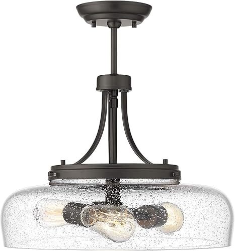 EAPUDUN Lámpara de techo semiempotrada de granja, lámpara colgante industrial de 3 luces en acabado de bronce aceitado con pantalla de vidrio
