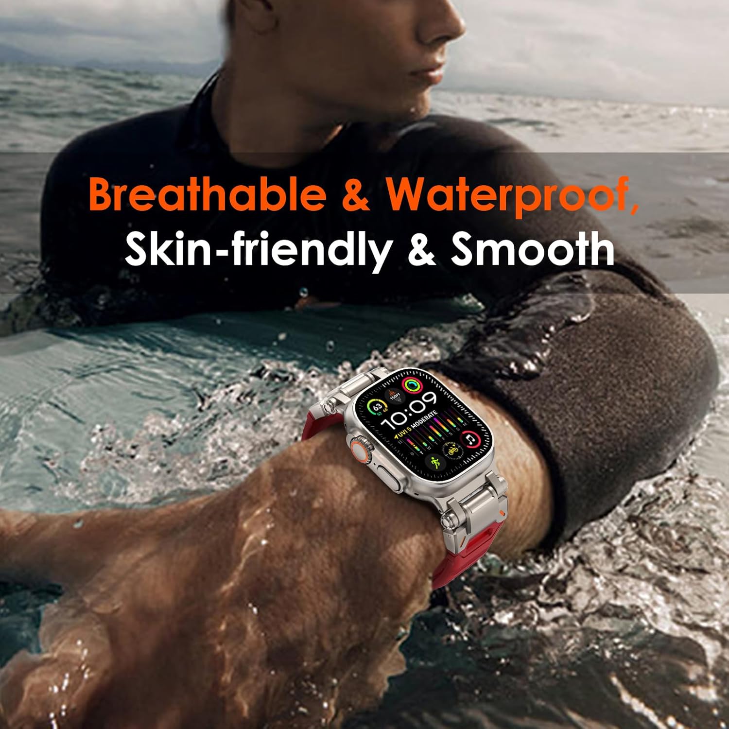 WINGLE FKM Rubber Bands for Apple Watch Band Ultra 3/2/1 Band Ultra 49mm Series 11 10 46mm 45mm 44mm 42mm SE 3/2/1 9 8 7 6 5 4 3 Men, Military Rugged Metal Connector Silicone iWatch Sport Bands, Red - Image 8