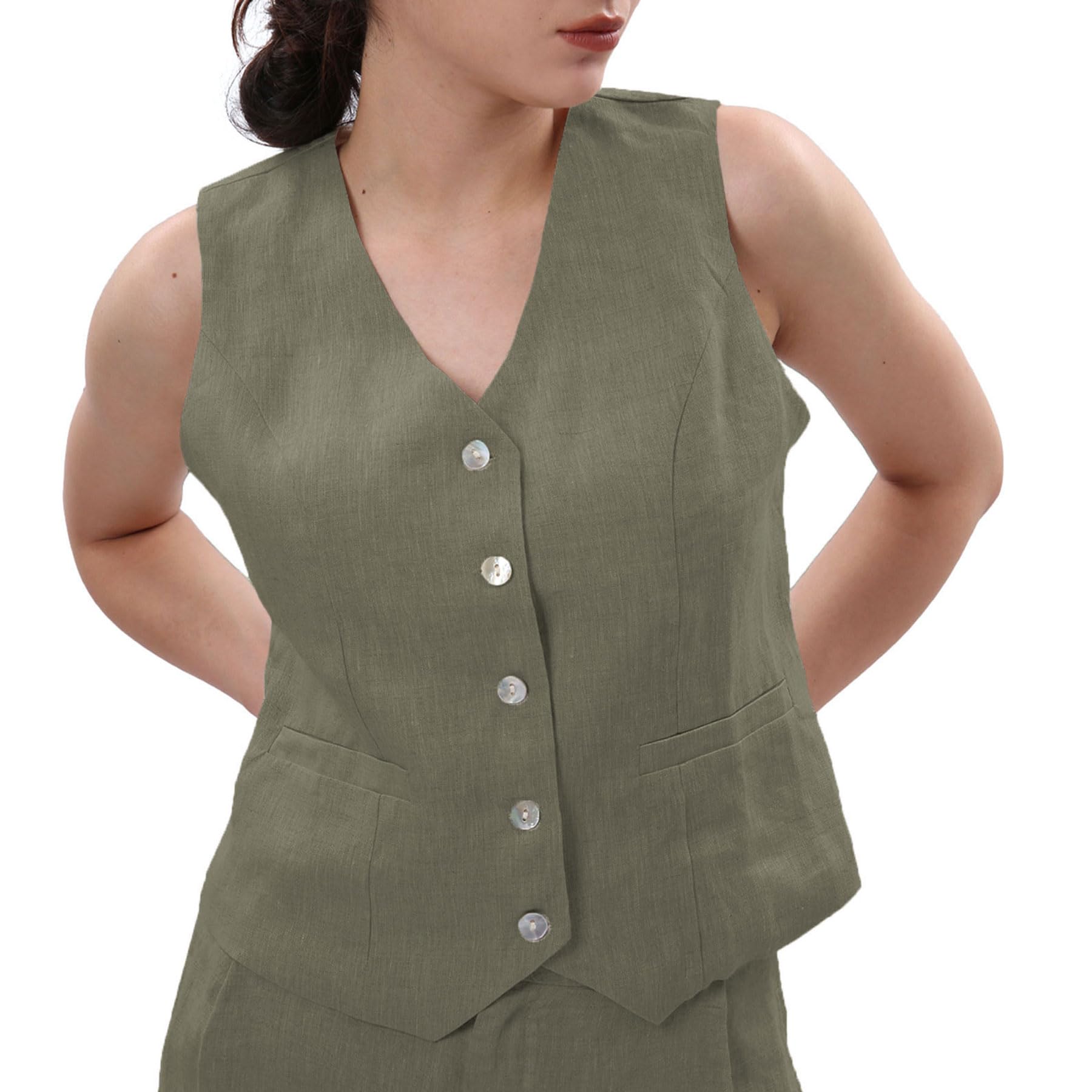 Chaleco de lino 100% para mujer con lazo trasero ajustable elegante y fresco 7