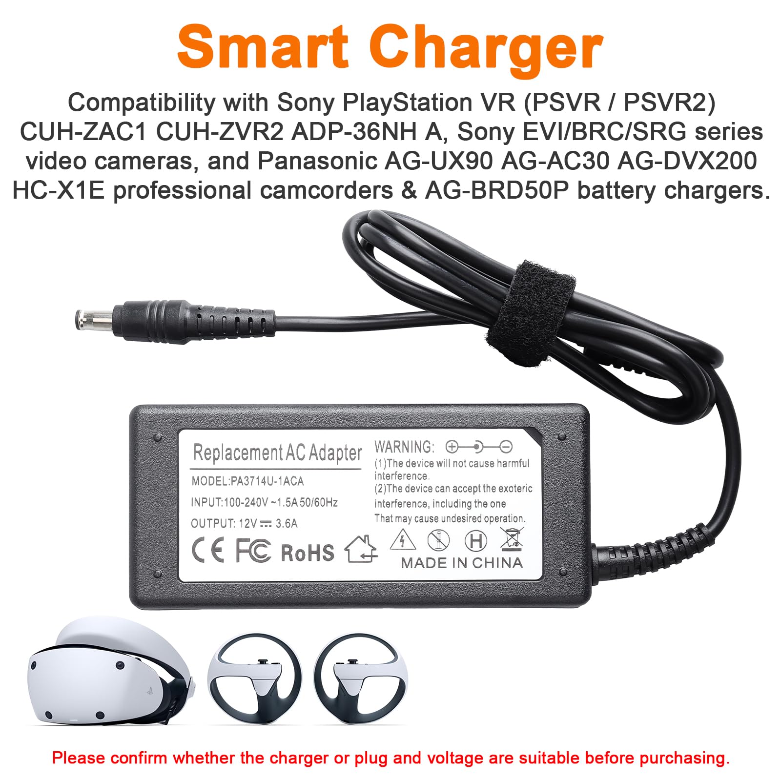 12 V 3,6 A Adattatore di Alimentazione, Compatibile con Pioneer DJ DDJ-1000 DDJ-1000 SRT DDJ-800 DDJ-RR XDJ-RR, Compatibile con Sony PSVR PSVR2 Playstation VR CUH-ZAC1 CUH-ZVR2 Caricabatterie ADP-36NH