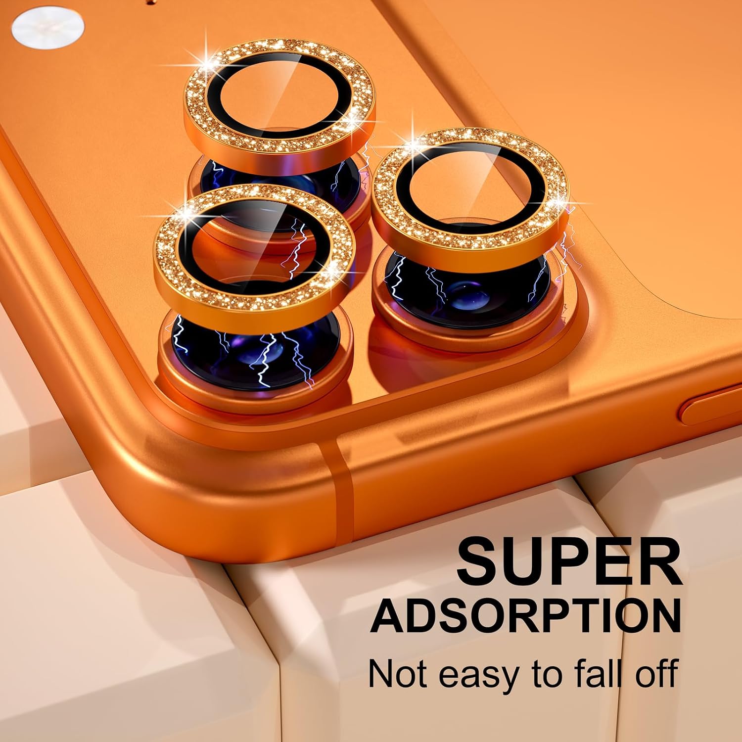 Misea Compatible for iPhone 17 Pro/iPhone 17 Pro Max Camera Lens Protector Bling, 9H Tempered Glass Camera Cover Screen Protector Metal Individual Ring Decoration Accessories, Orange Glitter