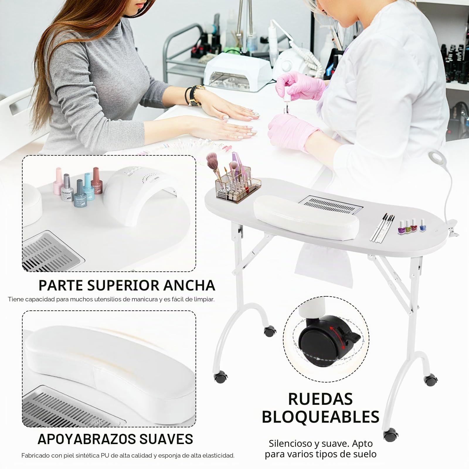 Mesa Uñas, Mesa Manicura Plegable Mesa Manicura Con Ventosa 90x44x72cm Mesa Manicura Con Aspirador Uñas Mesa Manicura Móvil Con LáMpara De Uñas Con Clip LED USB Regulable Bolsa Transporte 4 Ruedas