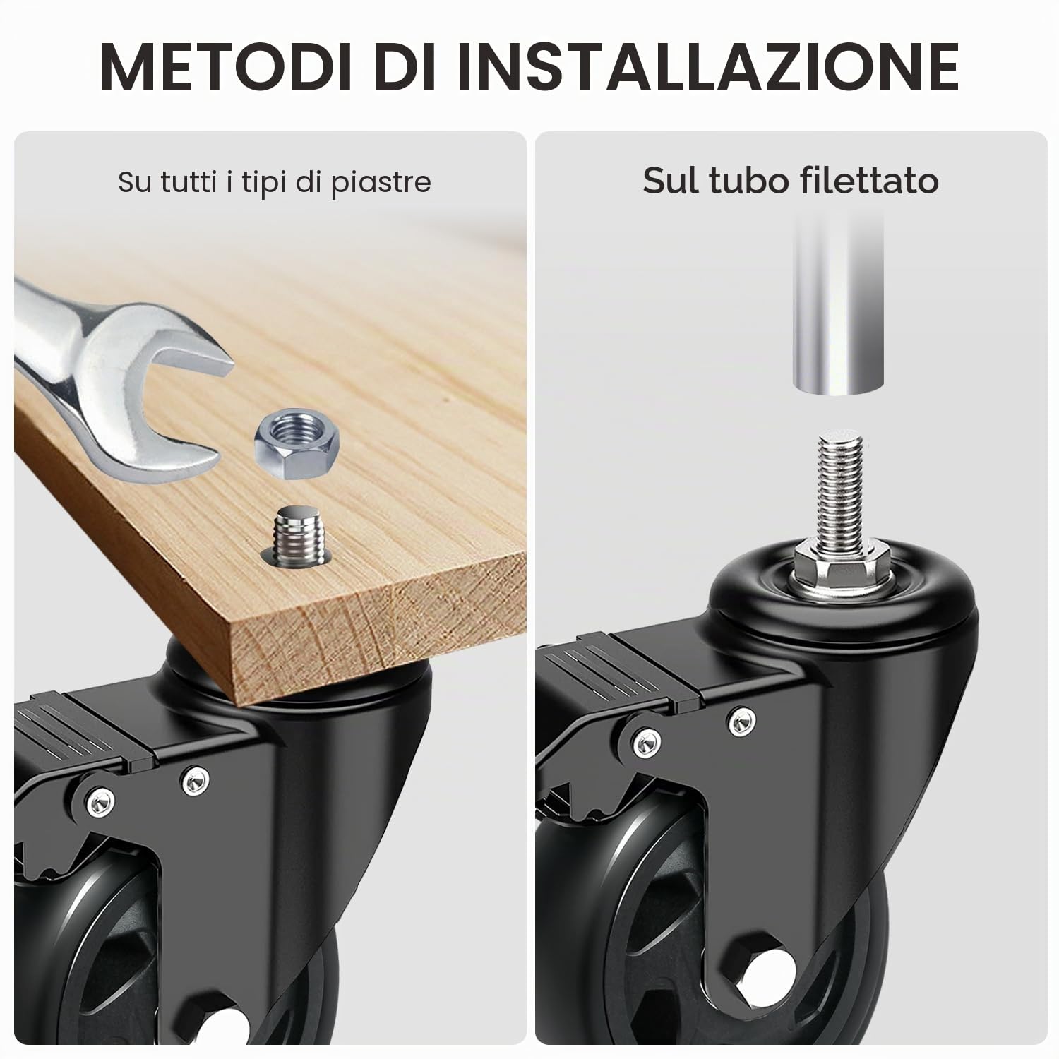 Ruote per Carrello con Perno Filettato M10 x 30mm, 100MM Ruote per Mobili con Freno, Ruote Girevoli Rotazione a 360° e Antigraffio, 4 Rotelle per Carichi Pesanti Capacità 500KG