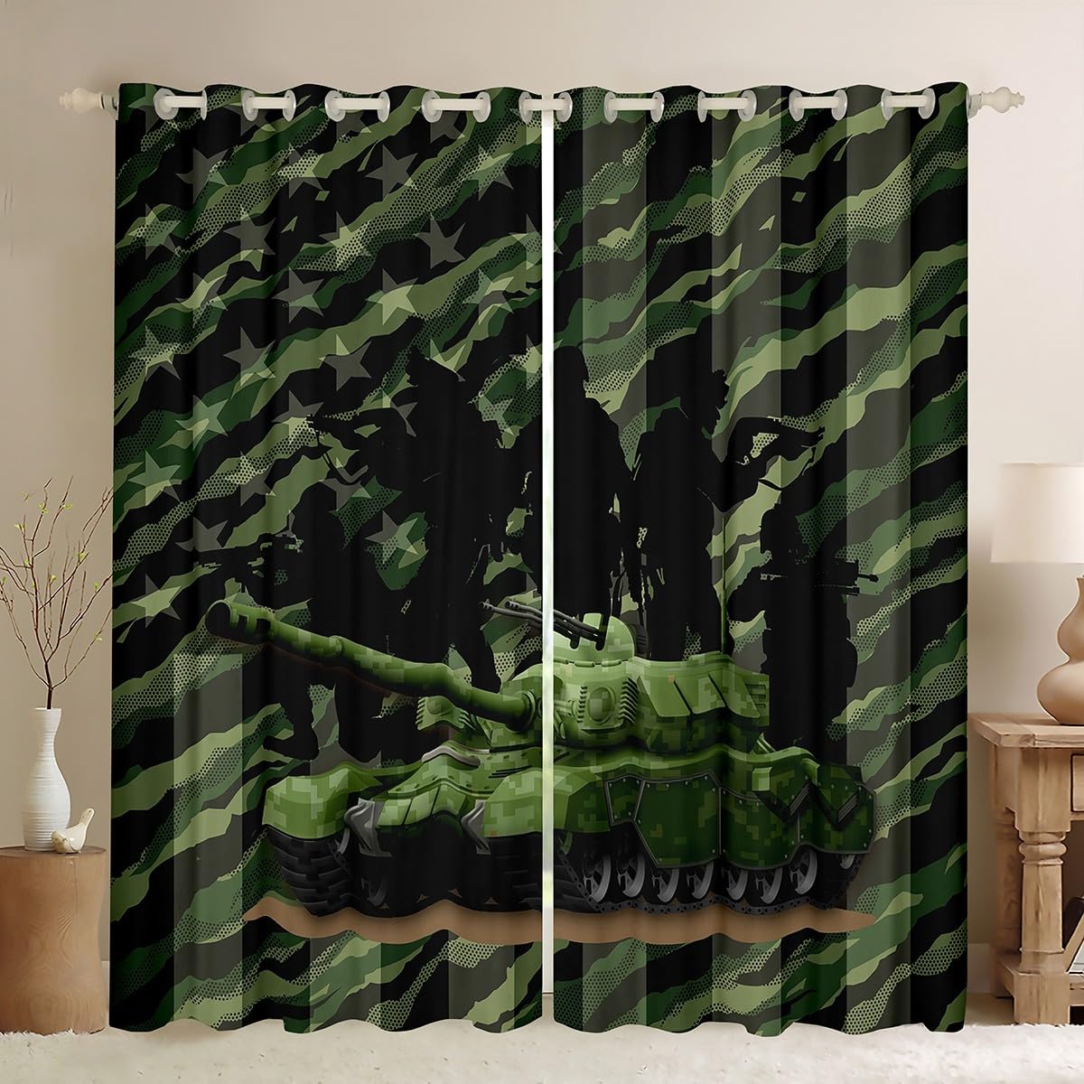 Army Green Camo American Flag Window Curtain for Kids Boys 3D Camouflage Tank Soldier Silhouette Curtains Teens Men Bedroom Decor Geometric Stars Stripes Window Treatment Curtain Modern