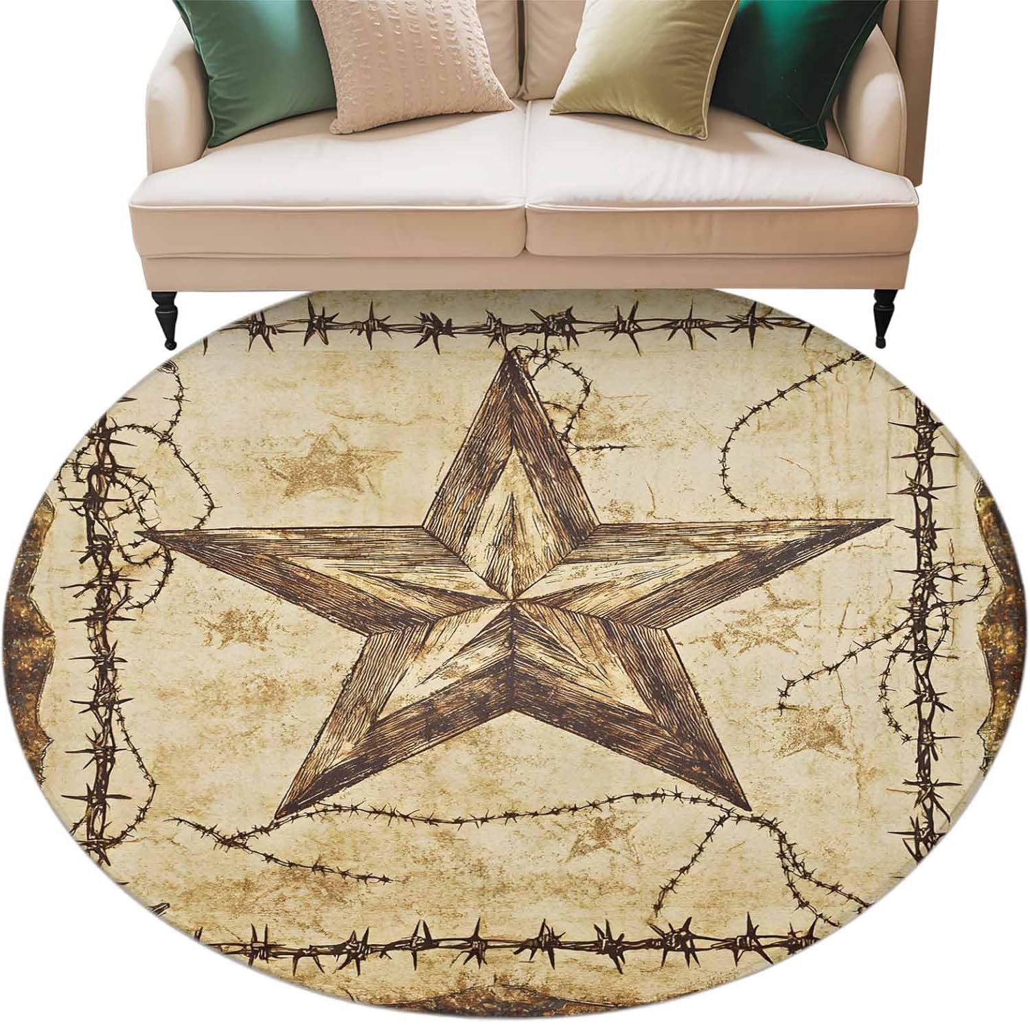 Brown Texas Star Country Round Rug 7ft Washable Circle Rugs Non Slip Western Stars Retro Large Area Rug Indoor Floor Carpet for Bedroom Kitchen Living Room Home Office Dining Room Nursery