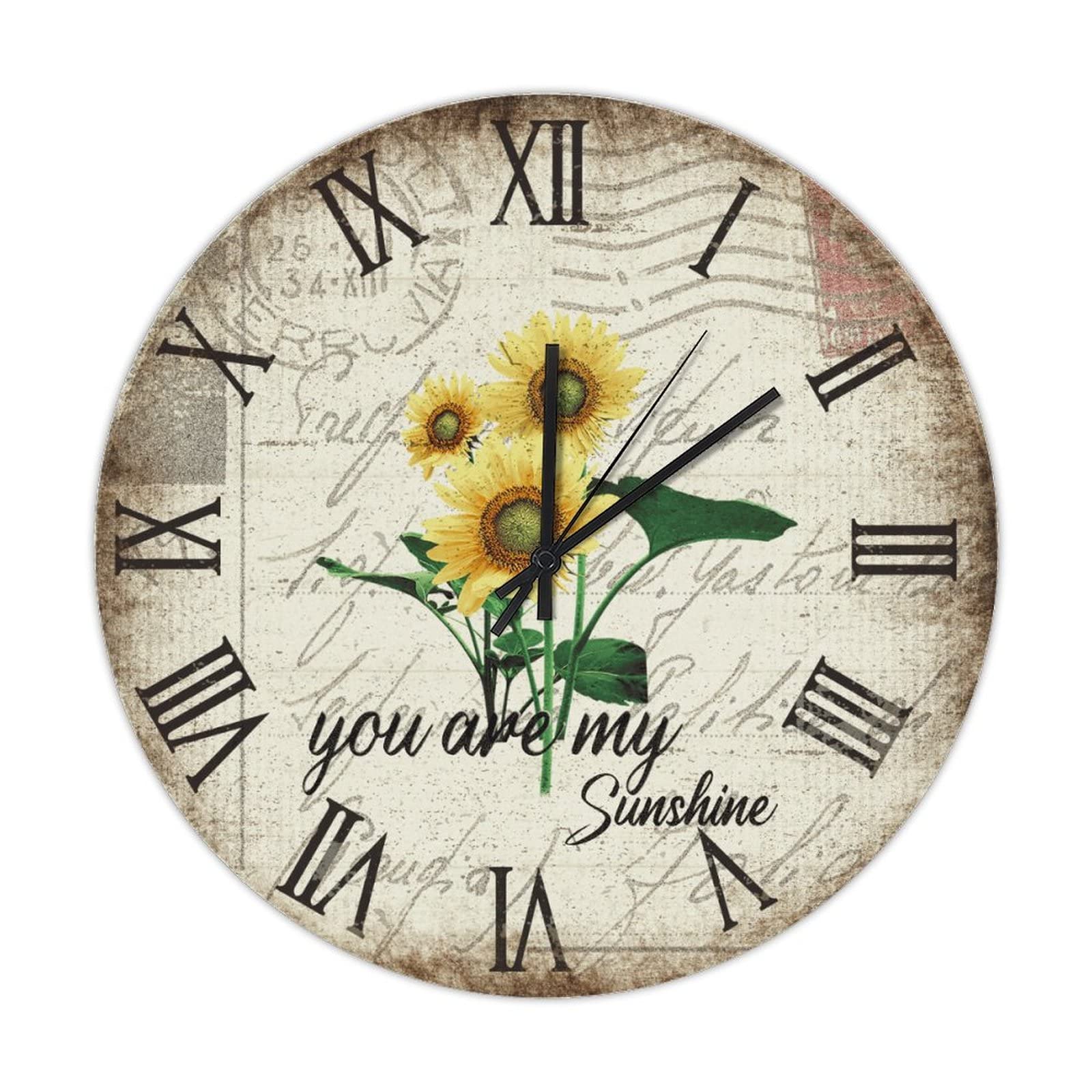 Horloge murale silencieuse en bois rétro tournesol sans tic-tac