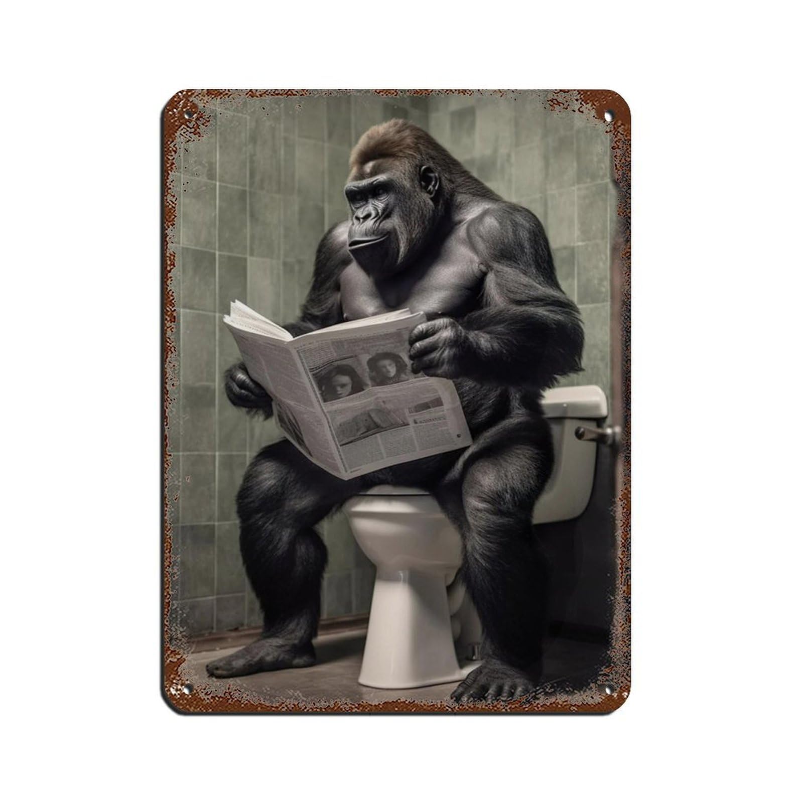 Lxwnze 30L X 40W Cm Gorilla Sitting On The Toilet Reading A Newspaper (3) Tin Sign Vintage Metal Pub Club Cafe Bar Home Wall Art Decoration Poster Retro 12X16inch(30X40cm)