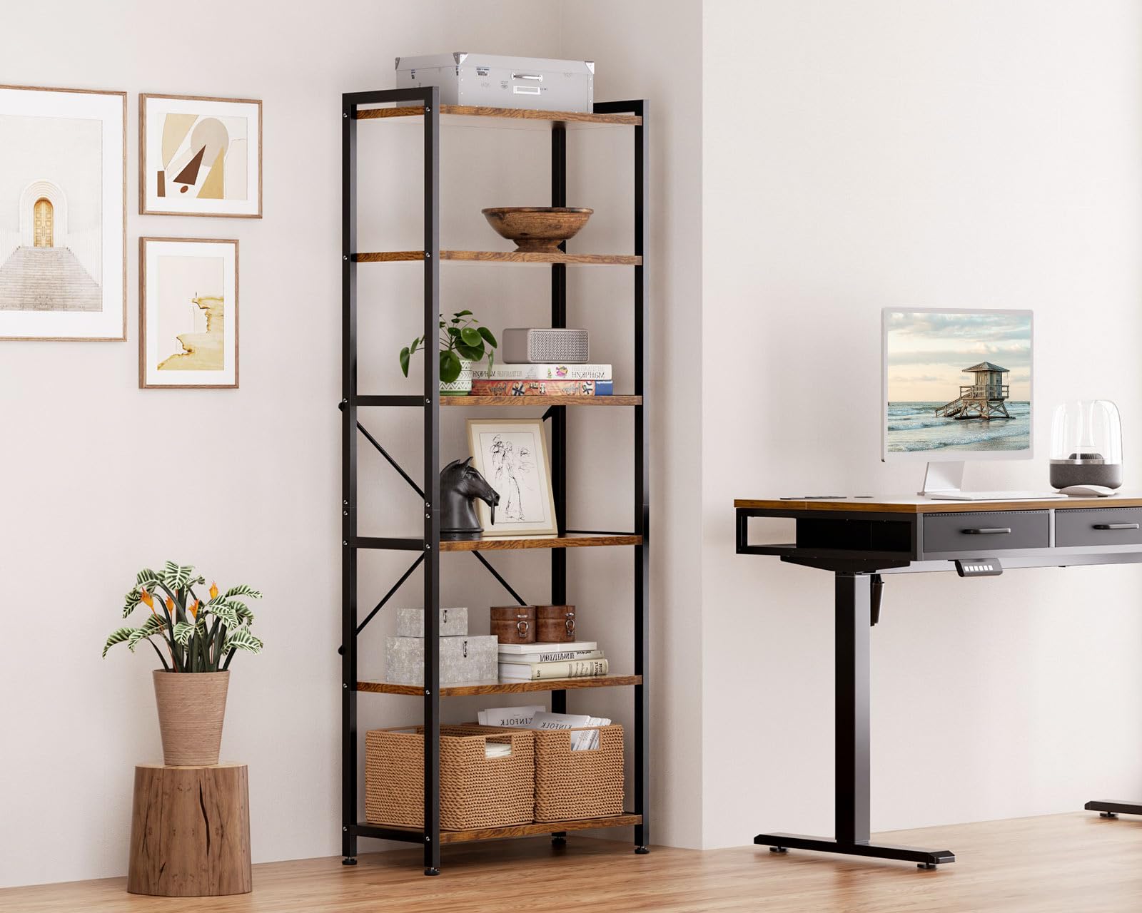 Coleshome 6 Ebenen Bücherregal, Industrie Regal 177cm Braun | Regal 51cm Kippschutz Kompakt Platzsparend Präsentieren Bücher Pflanzen Deko Wohnzimmer Schlafzimmer Büro