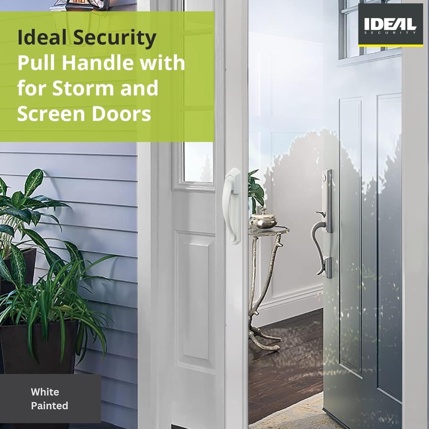 Ideal Security DX Pull Handle installed on a storm door, showing the exterior view.