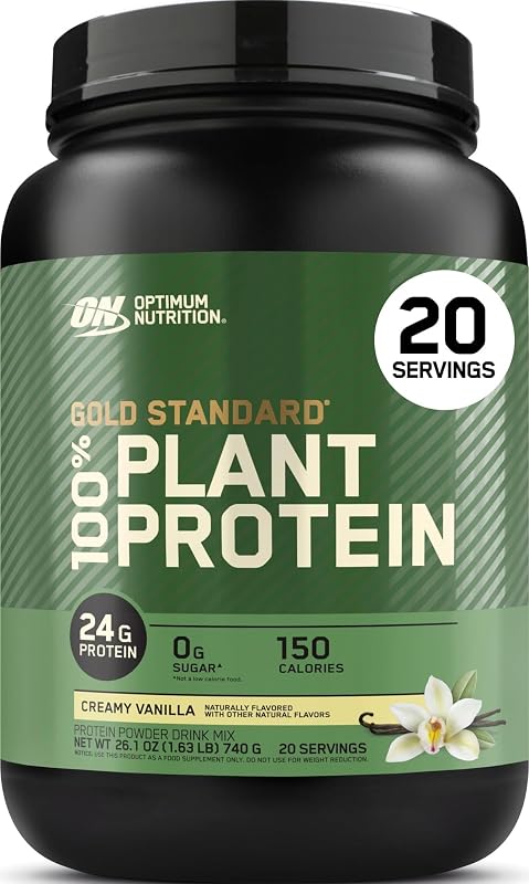 Optimum Nutrition Gold Standard 100 % proteína en polvo a base de plantas, sin gluten, proteína vegana para apoyo y recuperación muscular con aminoácidos - Vainilla cremosa, 20 porciones (el embalaje puede variar) | Mezcla de proteína vegetal vegana en polvo con guisantes, arroz y habas, 24 g de proteína y los 9 EAA por porción, sin gluten, fácil de mezclar