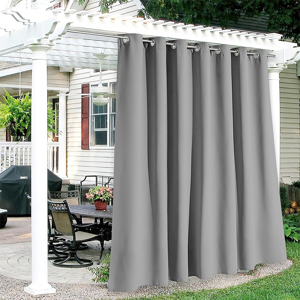 Hiseng Waterproof Outdoor Curtains, 1 Panel Pergola Curtains Eyelet Top Curtain Privacy Thermal Insulated Sunshade Curtains for Garden Gazebo Porch Patio (Light grey,52x63in)