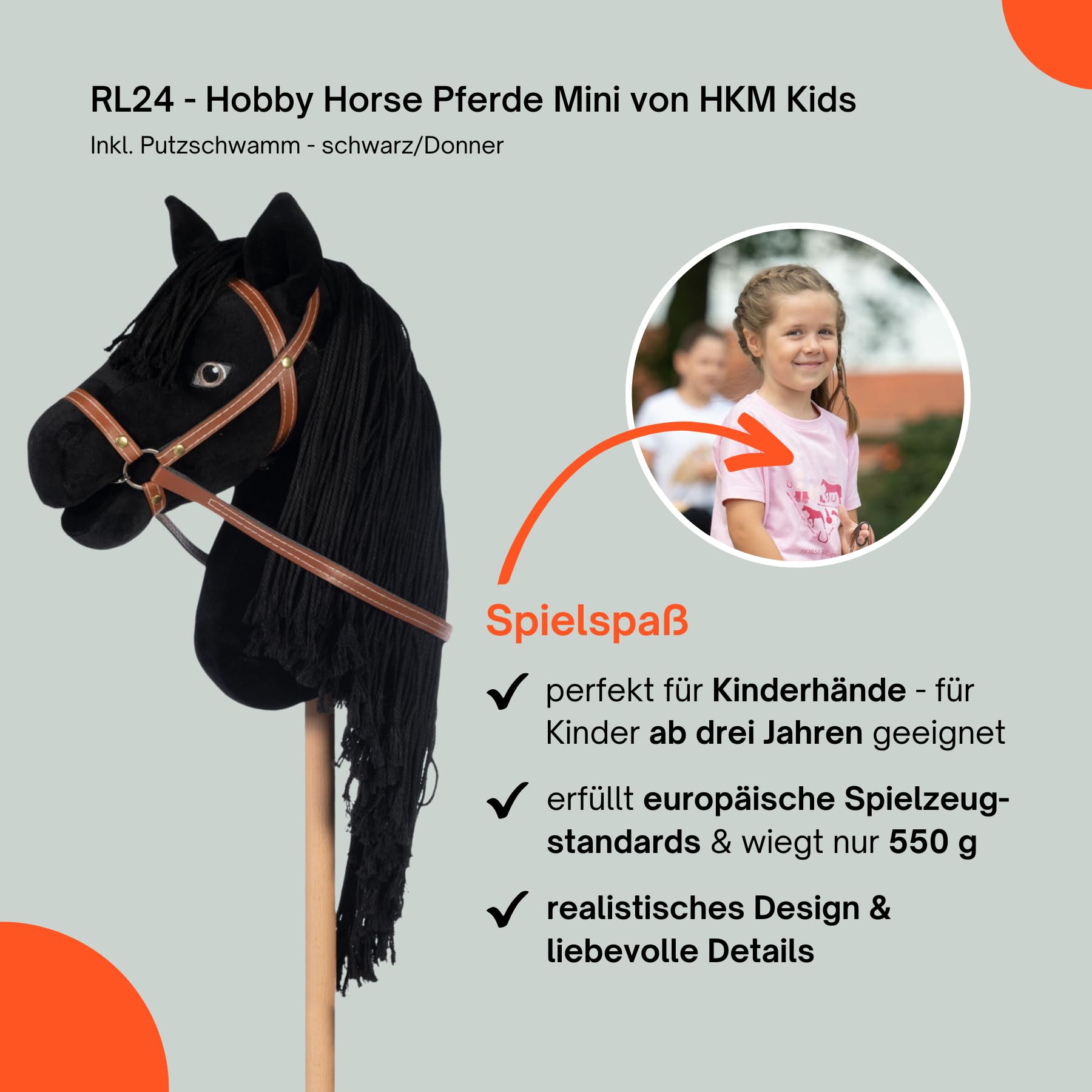 RL24 - Hobby Horse Pferde Mini von HKM Kids inkl. Putzschwamm – Steckenpferd – Spielpferd mit Holzstock, Mähne & Trense – Stockpferd ohne Griffe & Rollen – schwarz (Donner)