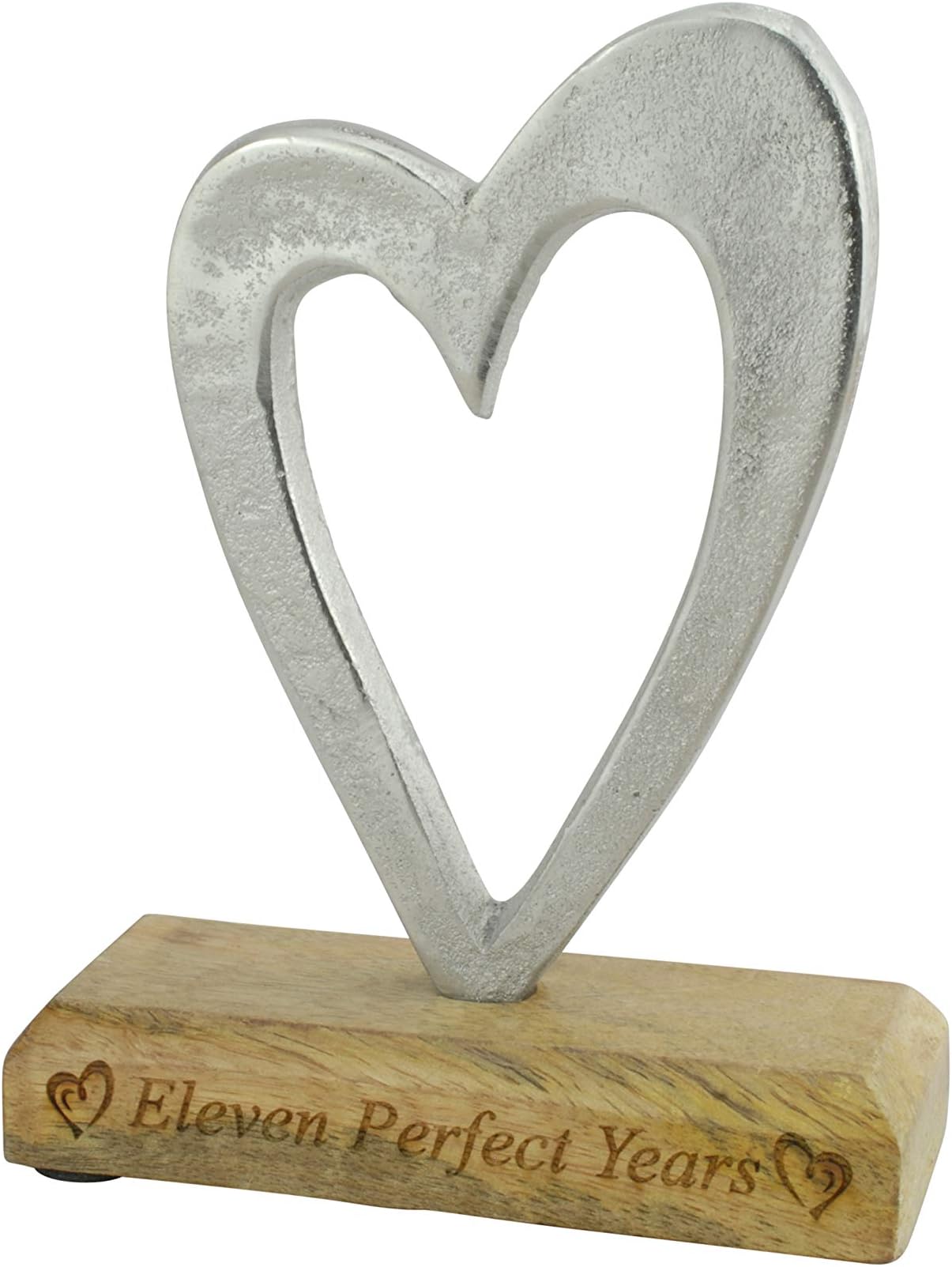 Eleven Perfect Years 11th Anniversary Rustic Metal Heart Decoration – Free Standing Aluminium & Wooden Decoration (hssperf-11)