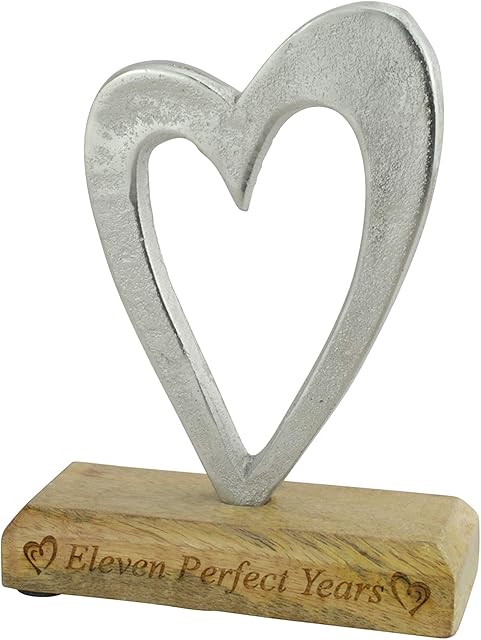 Eleven Perfect Years 11th Anniversary Rustic Metal Heart Decoration  Free Standing Aluminium & Wooden Decoration (hssperf-11)