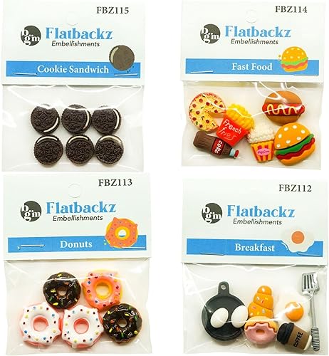 Botones Galore - Juego de adornos con parte trasera plana, 25 resinas para alimentos y 75 accesorios, 100 piezas