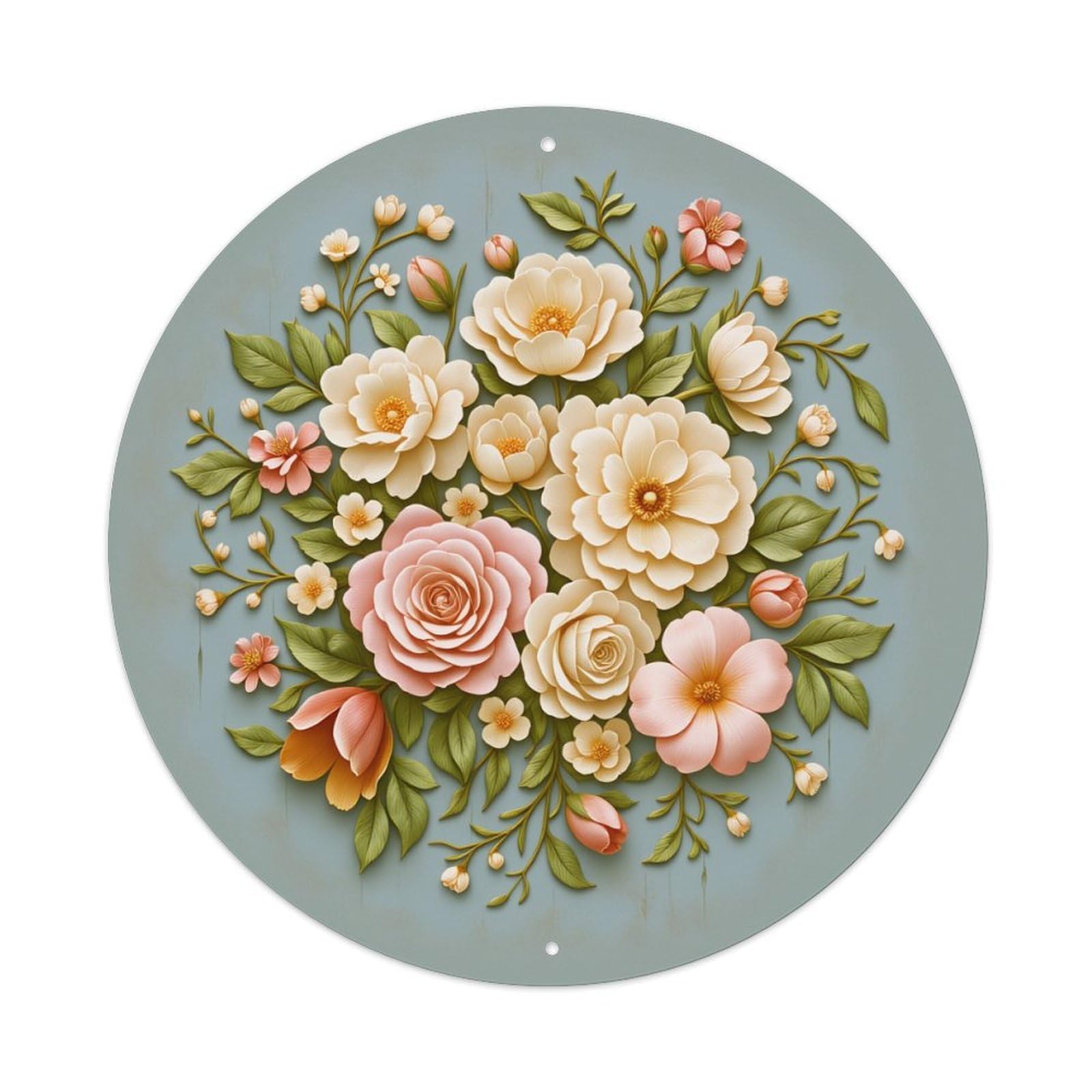 Wmlzdnwr Vintage Floral Arrangement With Pastel Roses And Green Leaves Round Tin Sign,Retro Wall Art,Metal Poster For Home, Bar, Garage, Cafe, Rustic Indoor & Outdoor Decor, 8X8 Inches