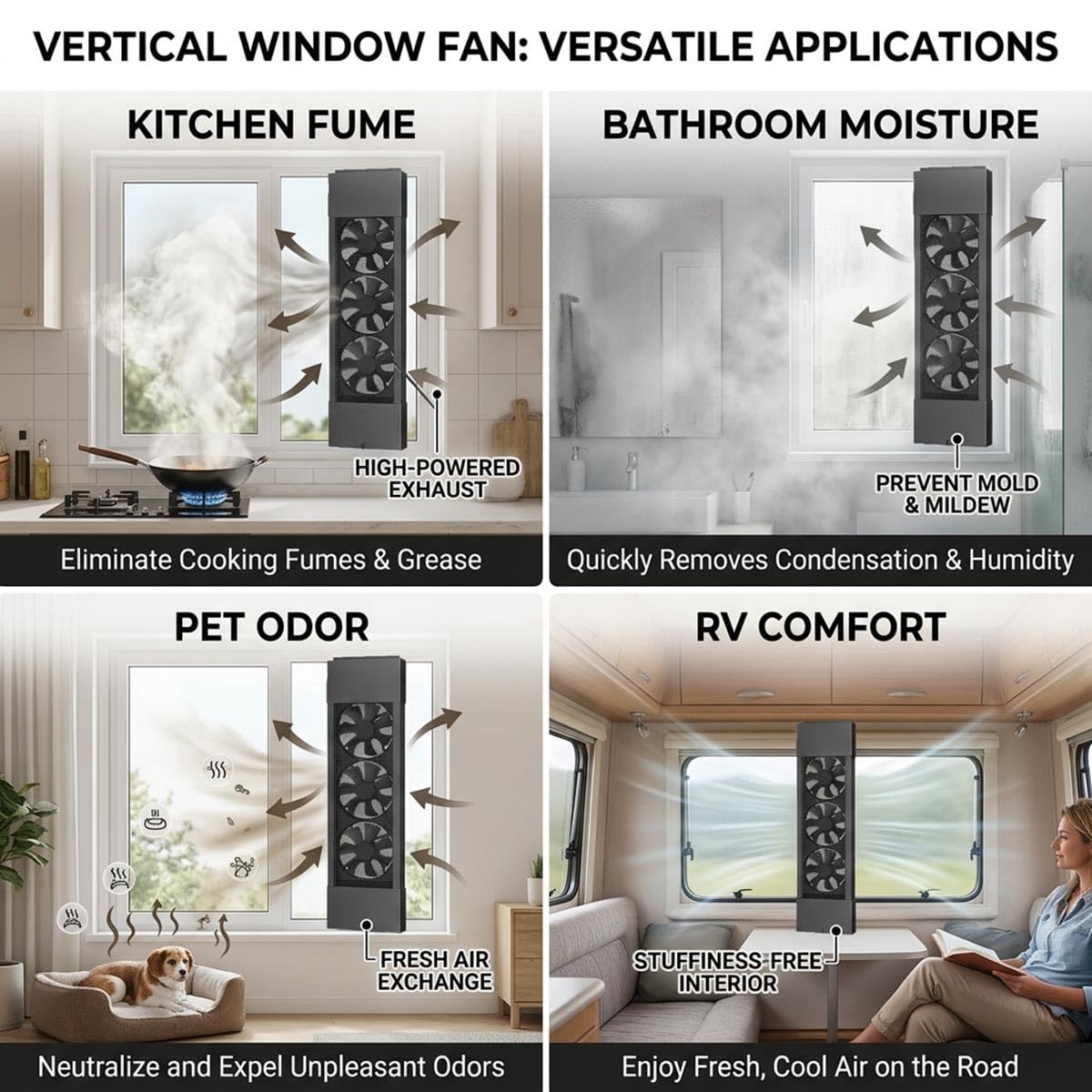 Vertikaler, einziehbarer Fensterlüfter für Schiebefenster, umkehrbarer Luftstrom mit doppeltem Insektenschutzgitter, ideal für Schlafzimmer, horizontal oder schwenkbar (50-62 cm)