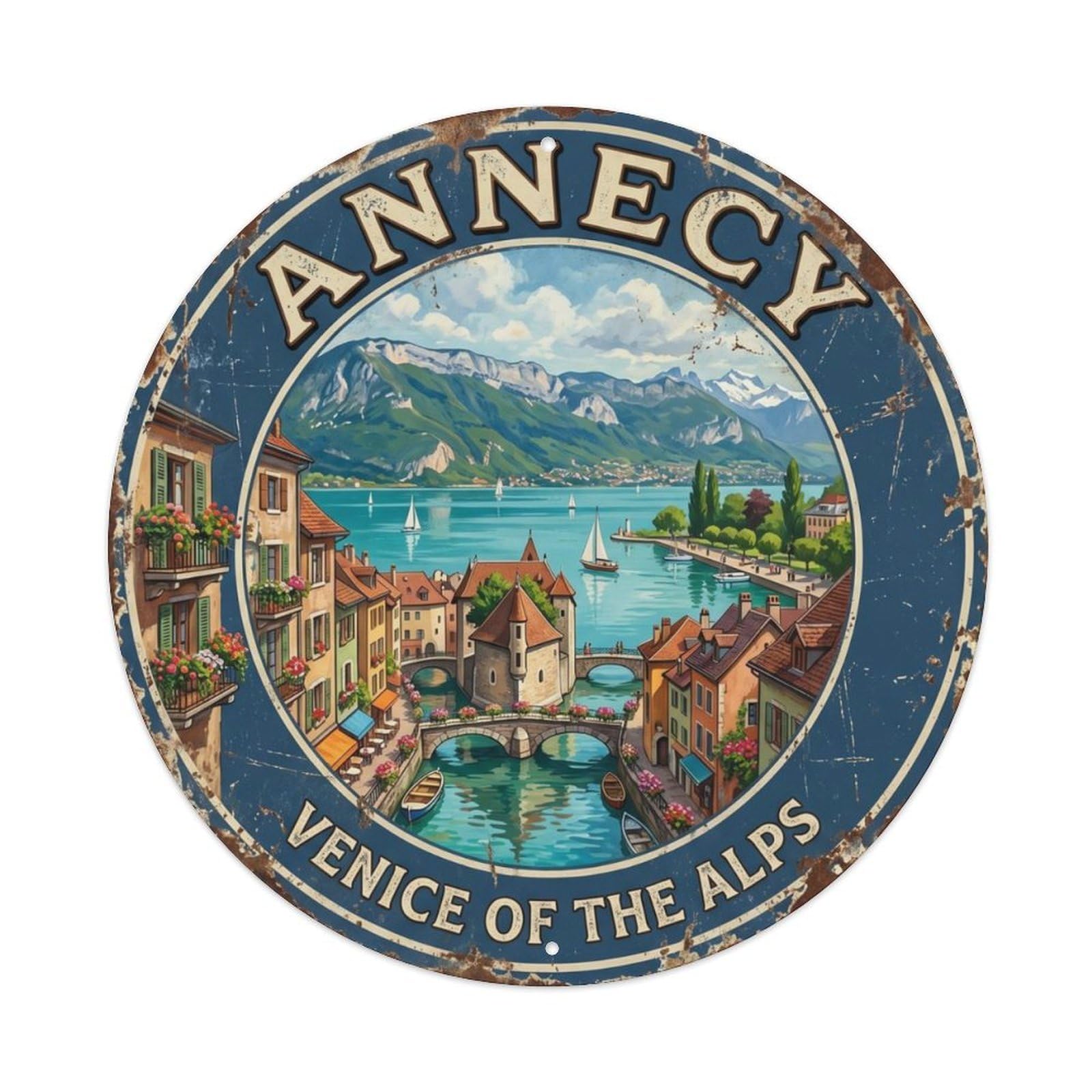Vintage Travel Annecy Lake Canals Metal Tin Sign Plaque Wall Decor for Cafe, Club Bar, Office, Home Garden Round Metal Poster 8x8Inch