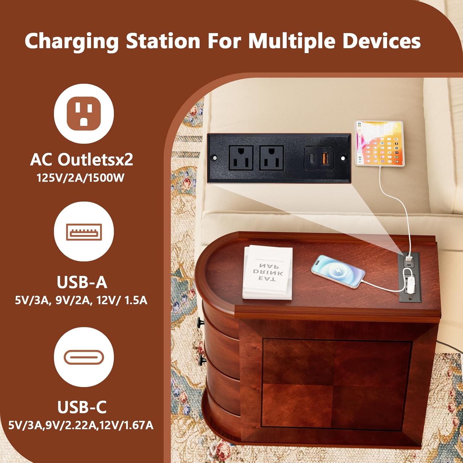 ROOMTEC Solid Wood End Table with Charging Station,Narrow Side Table with USB Ports and Outlets,No Assembly,Slim Chair Side Table,Narrow Sofa Side Table for Living Room Bedroom
