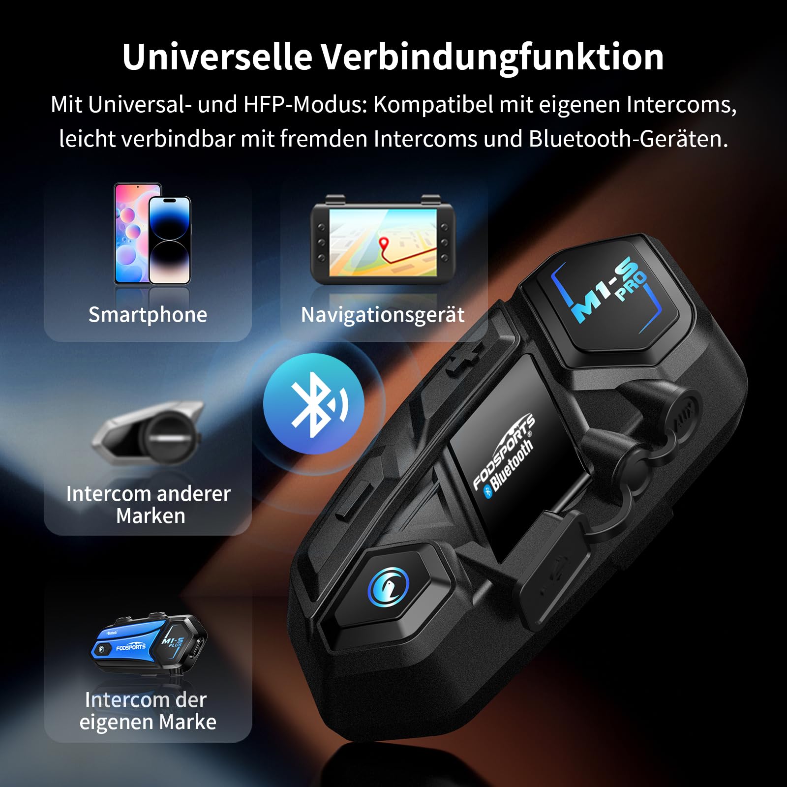Fodsports M1-S Pro 2er Pack Motorrad Headset, 8-Personen Bluetooth Intercom mit 2000m Reichweite & CVC Geräuschunterdrückung, Musik Teilen, AUX Mischfunktion & Automatischer Anrufannahme