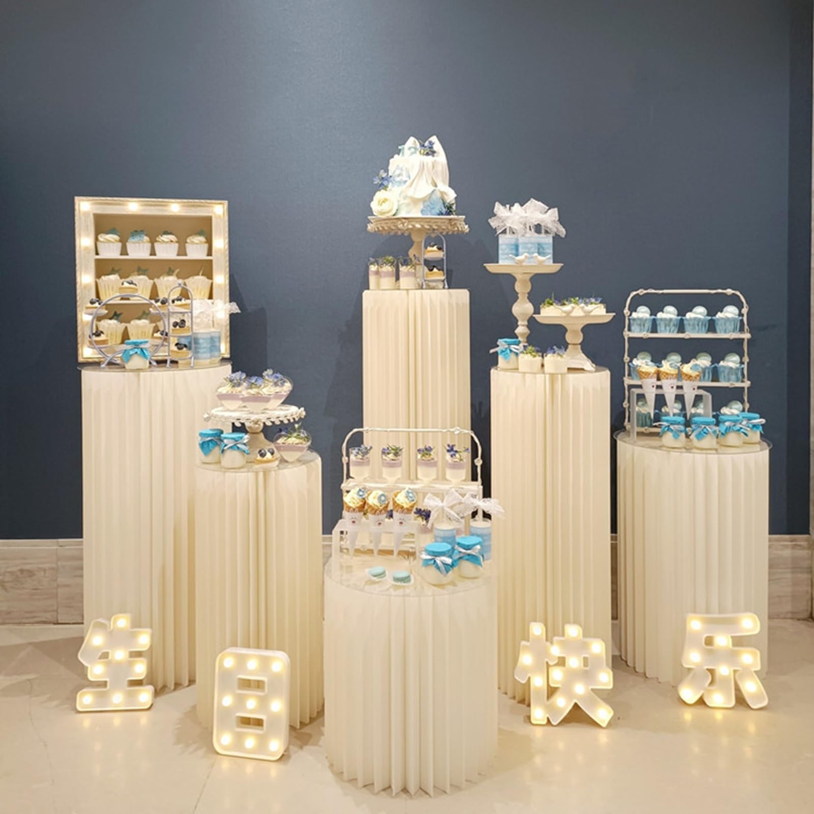Soporte de cartón para flores, mesa de postre para boda, fiesta, decoración del hogar, 5 columnas de papel plegables, soporte de pedestal, soportes cilíndricos para fiestas, mesa de postre de pilar