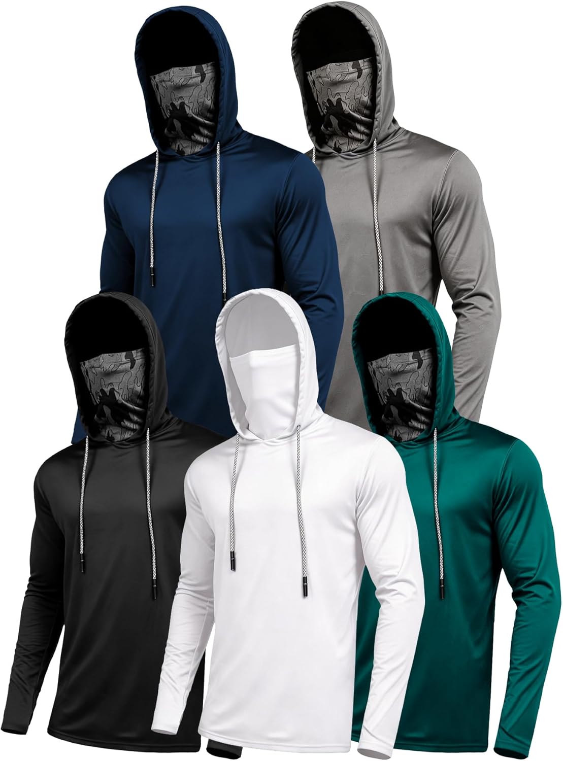 Men's UPF 50+ Sun Protection Hoodie with Built-in Face Mask, Long Sleeve Fishing Shirt, Thumbhole Cuffs, 3-Pack