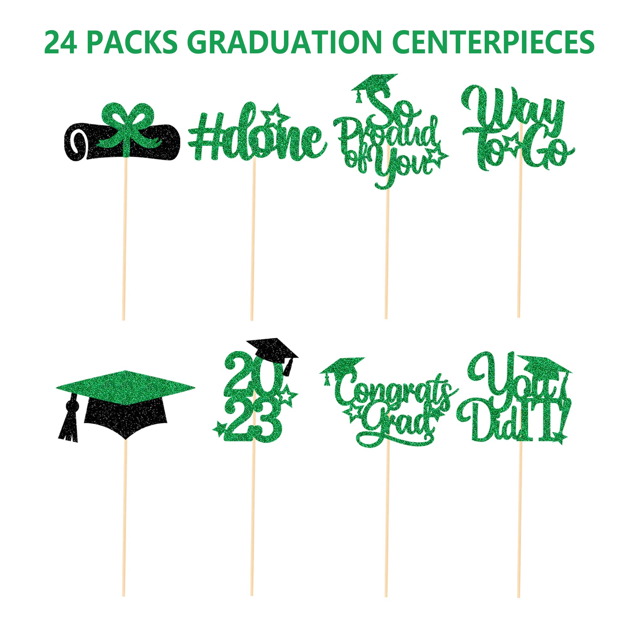 24Pcs Graduation Centerpieces for Tables 2023 Green, Glitter Centerpieces Sticks, Graduation Table Decorations 2023, Graduation Party Decorations 2023 Green, Graduation Party Supplies Class of 2023