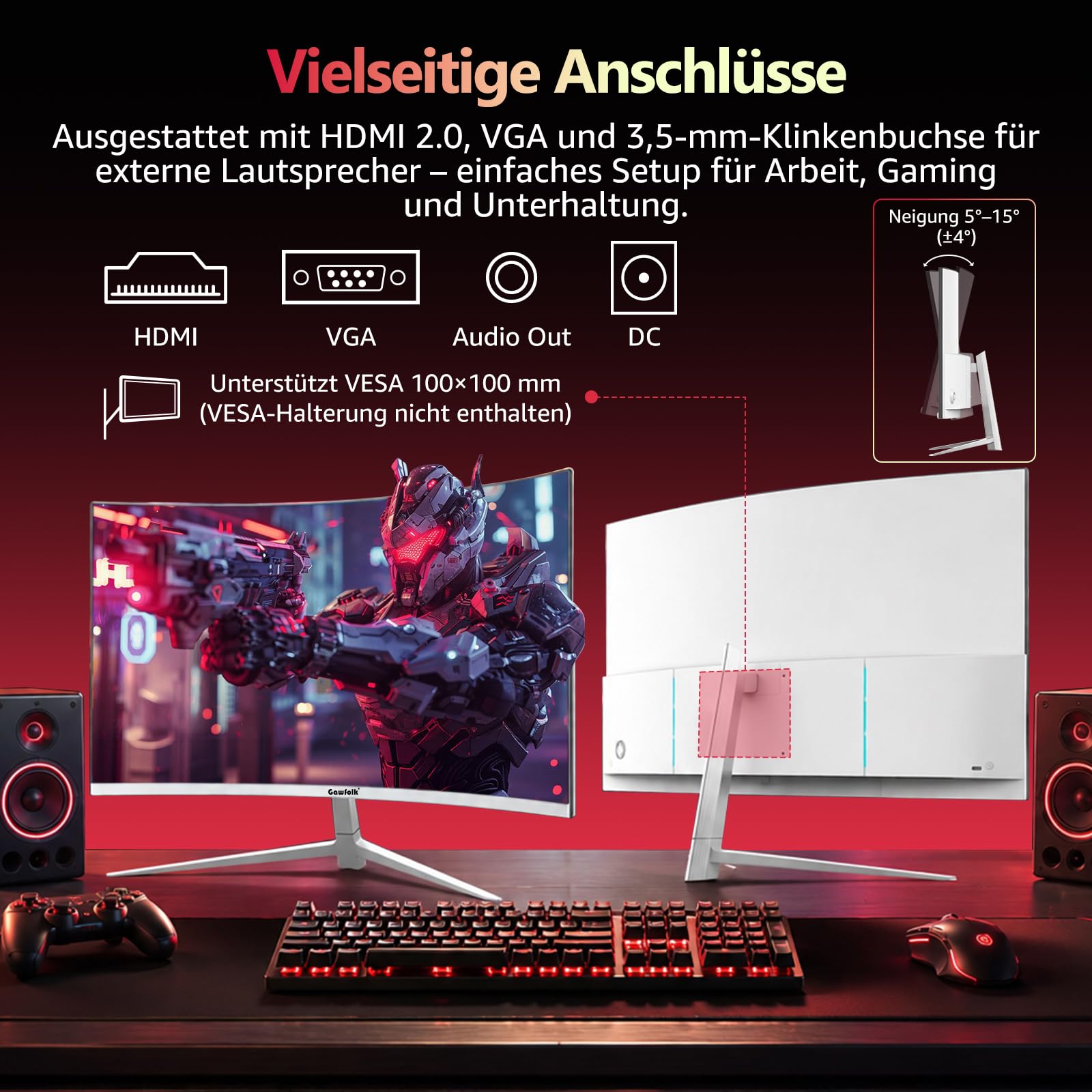 Gawfolk 27 Zoll Curved Gaming Monitor 200Hz, 1800R Full HD PC Bildschirm mit Lautsprecher, 1920x1080p Computermonitors for Home & Office, HDMI, VGA, unterstützt VESA 100 * 100MM