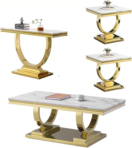Miniatura 15 de Juego de 2 mesas de café de mármol, juego de mesa de sala de estar de 2 piezas que incluye 1 mesa auxiliar y 1 mesa auxiliar, moderna mesa auxiliar