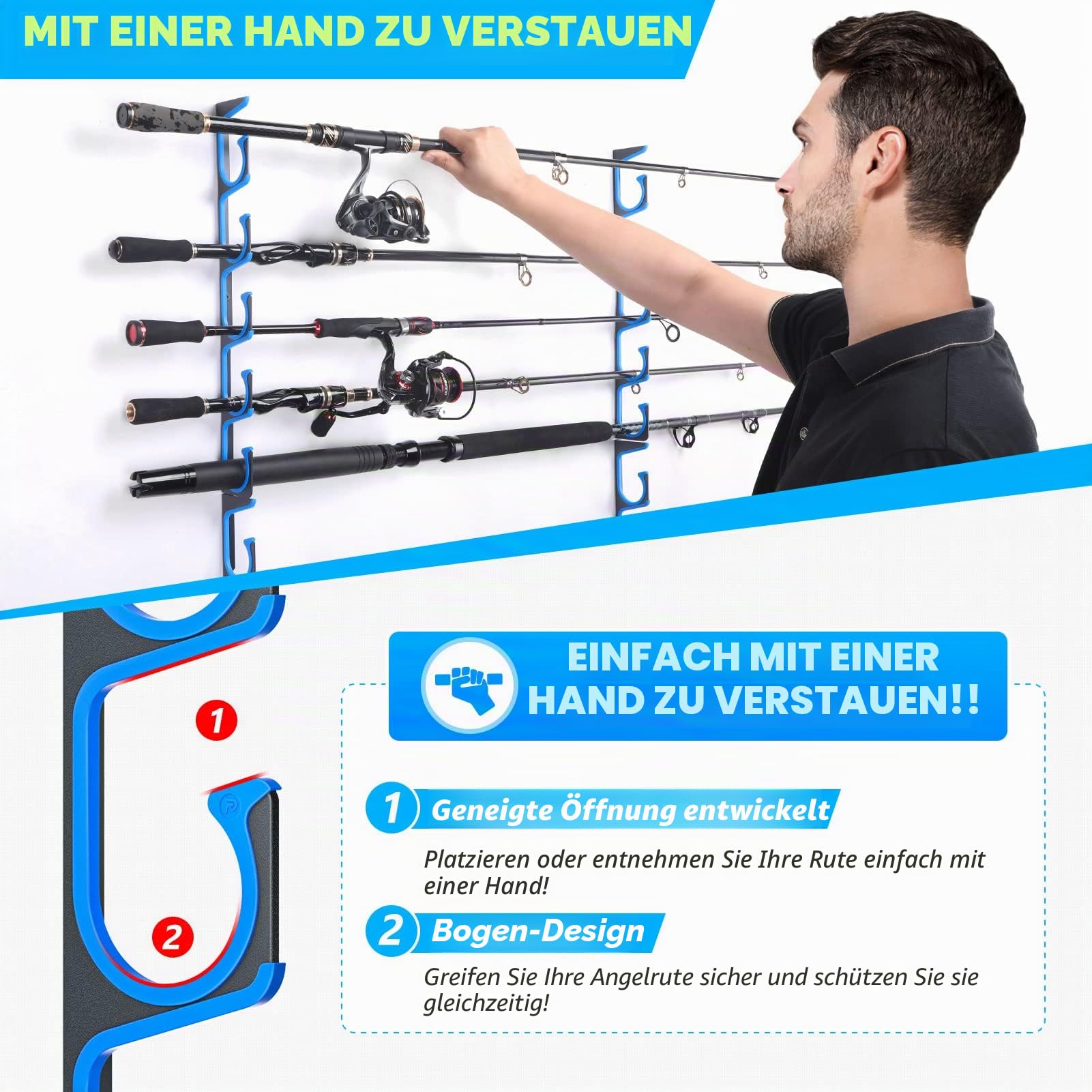 PLUSINNO 2 Stück H5 horizontale Angelruten-/Rutenhalter, Angelrutenhalter für Garage, Wand oder Deckenmontage, Angelrutenhalter, Luftfahrt-Aluminium-Rutenhalter für 10 Ruten oder