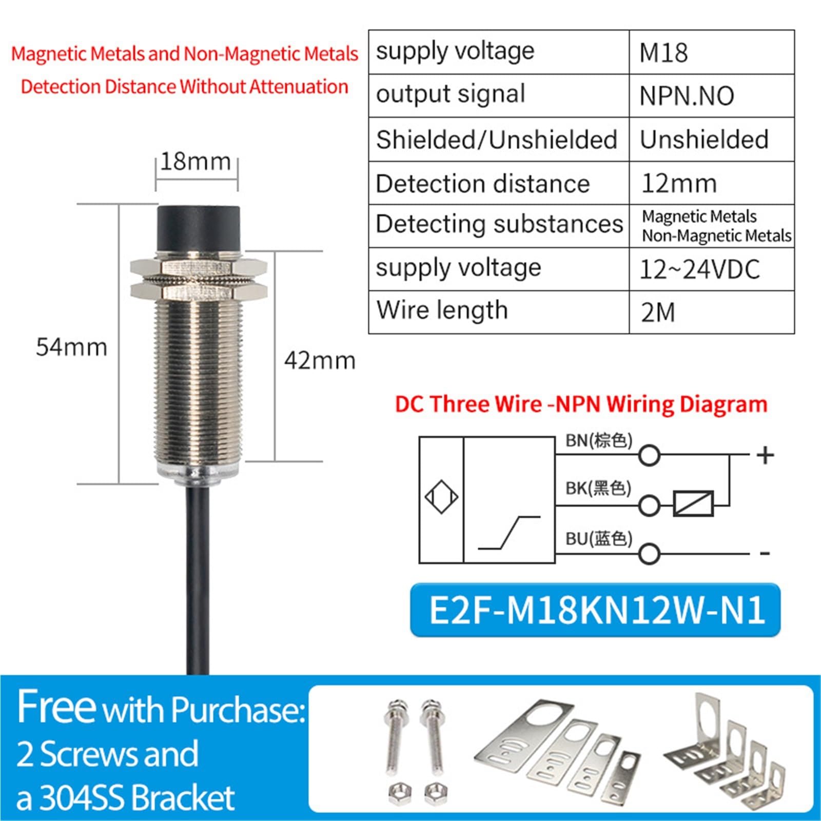 El sensor de metal M18 de larga distancia detecta distancia de cobre, aluminio y acero sin atenuación. Interruptor de proximidad impermeable IP68 (E2F-M18KN12W-N1)