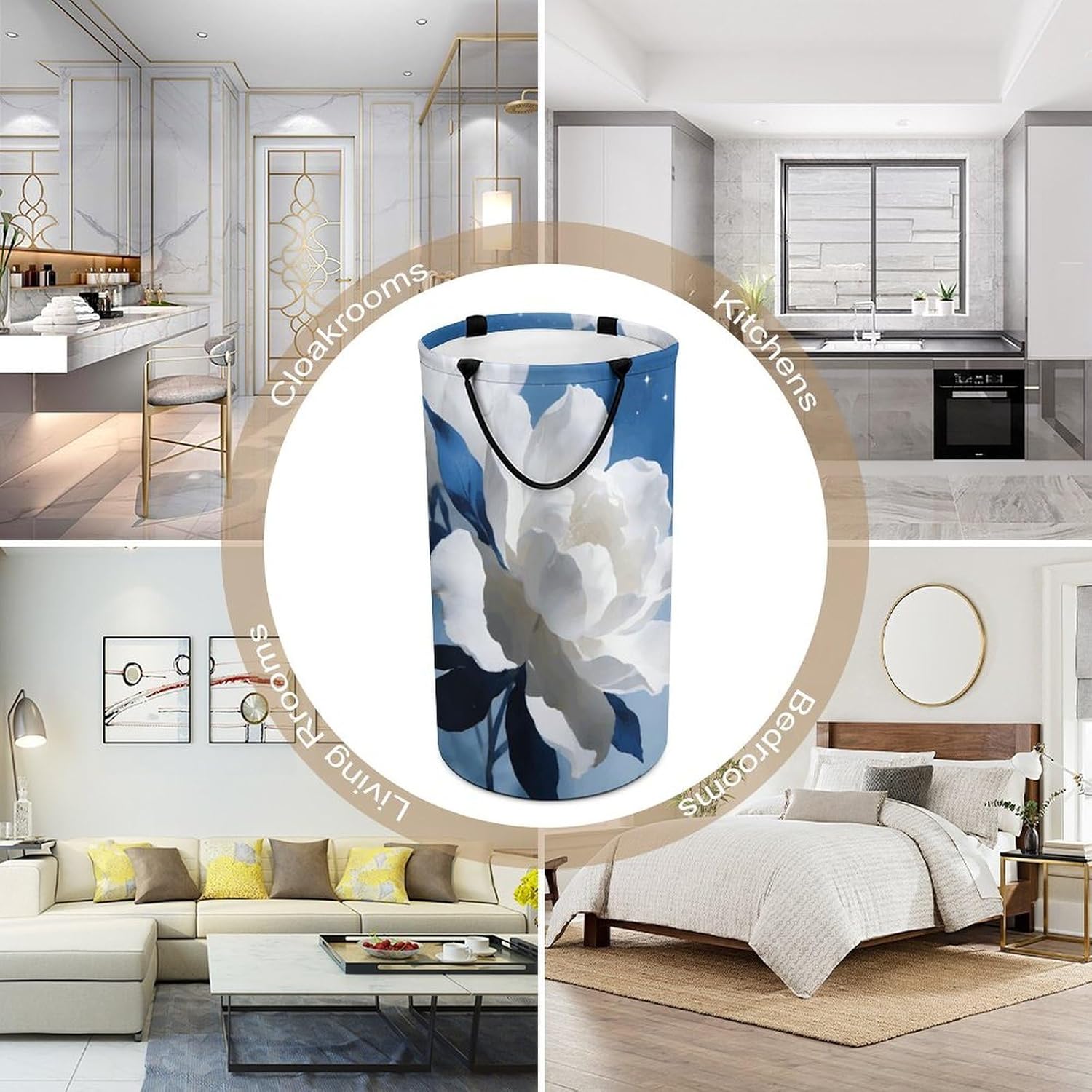 White Blue Laundry Hamper with Handles Waterproof Collapsible Laundry Basket Large Lightweight Round Dirty Clothes Hamper for Home Dorm Bathroom Decor