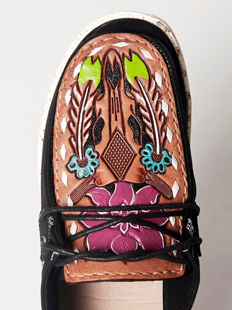 American Darling Hand tooled, carved genuine leather trim lightweight shoe footwear, slip on| Tooled Footwear