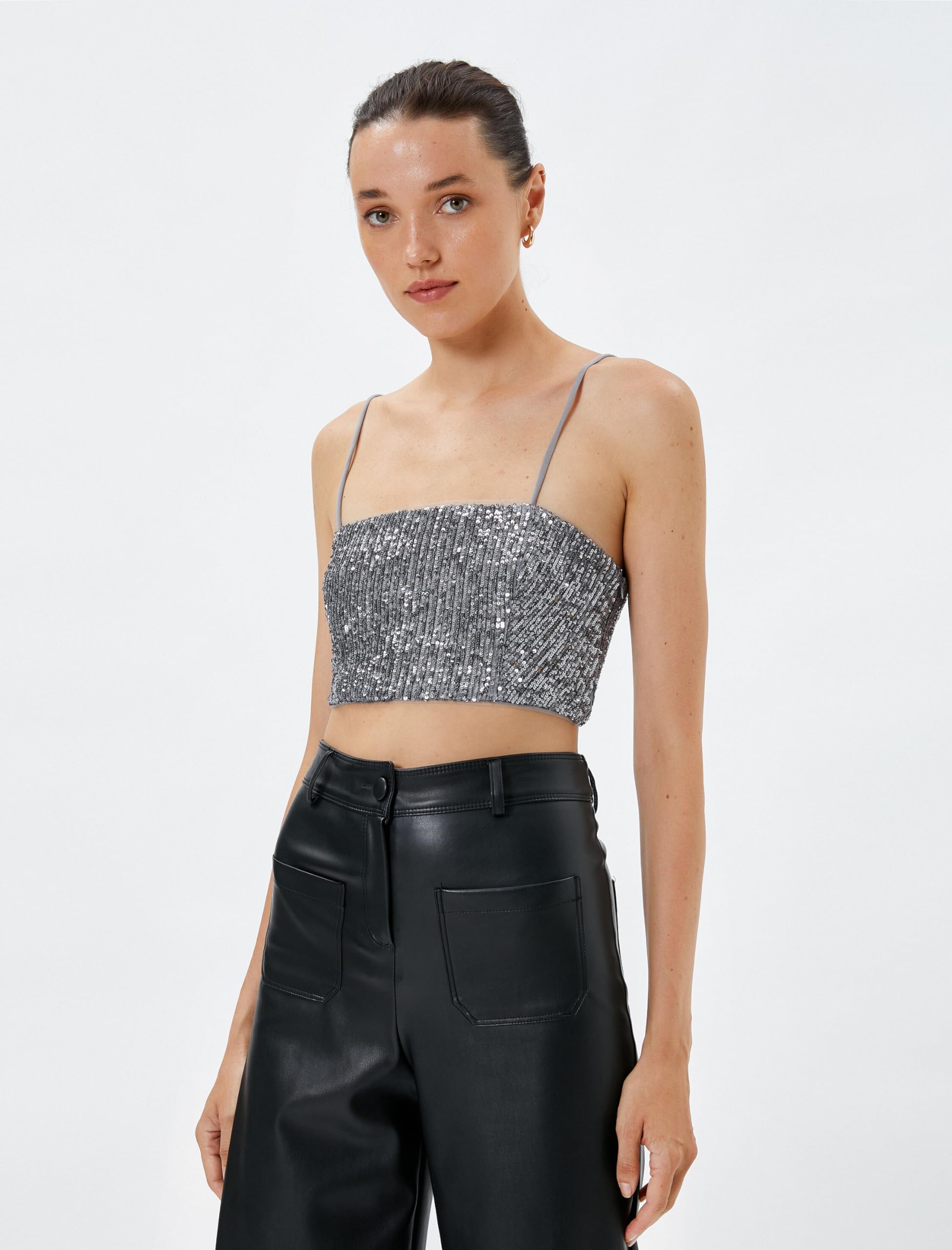 Koton Crop Tank Top Sequined Spaghetti Straps Slim Fit Camiseta para Mujer