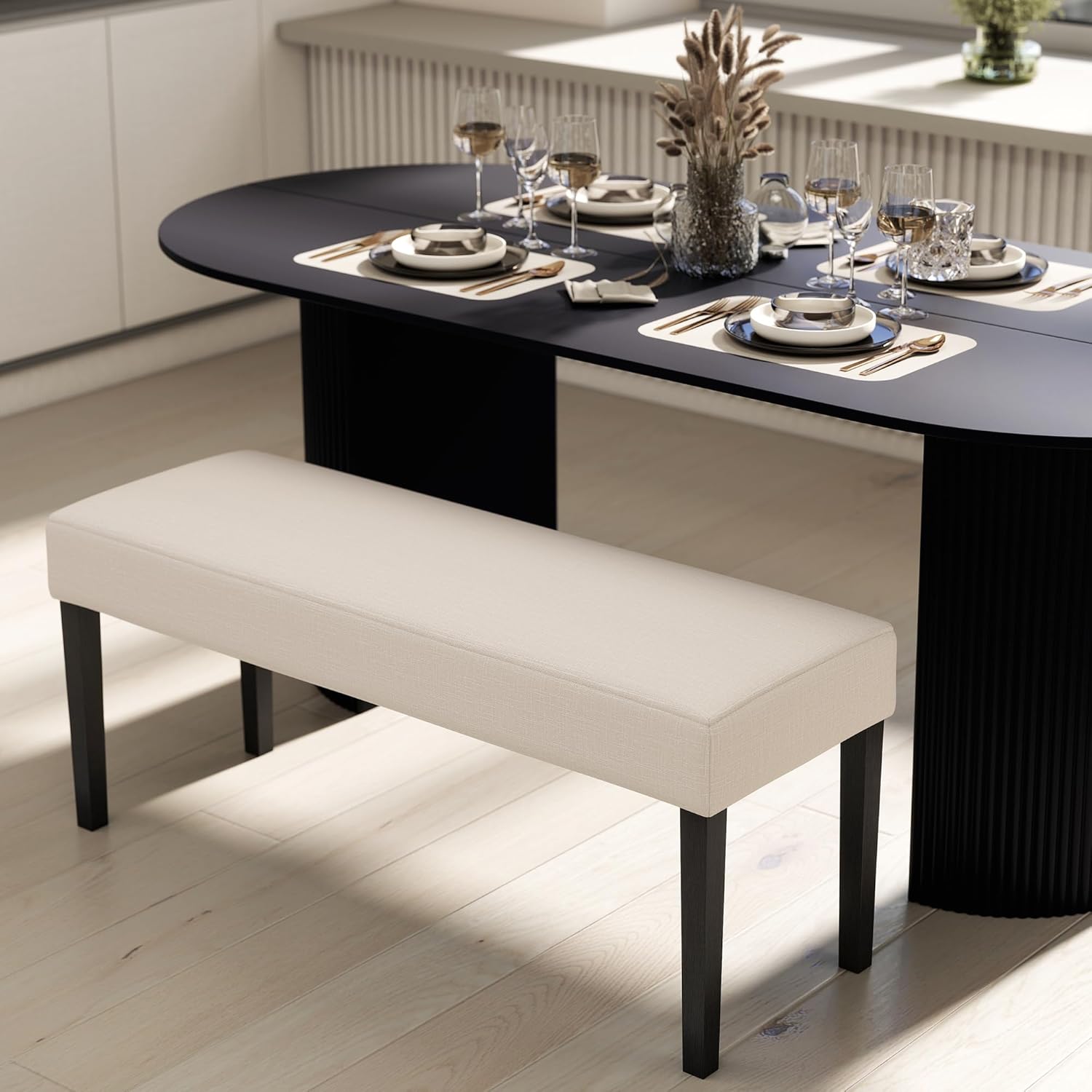 Wahson Farmhouse Linen Upholstered Dining Bench, 45" Long Dining Room Bench Seat with Black Wood Legs, Beige