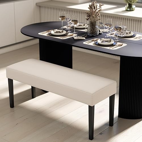 Wahson Farmhouse - Banco de comedor tapizado de lino, asiento de comedor de 45 pulgadas de largo con patas de madera negra, color beige