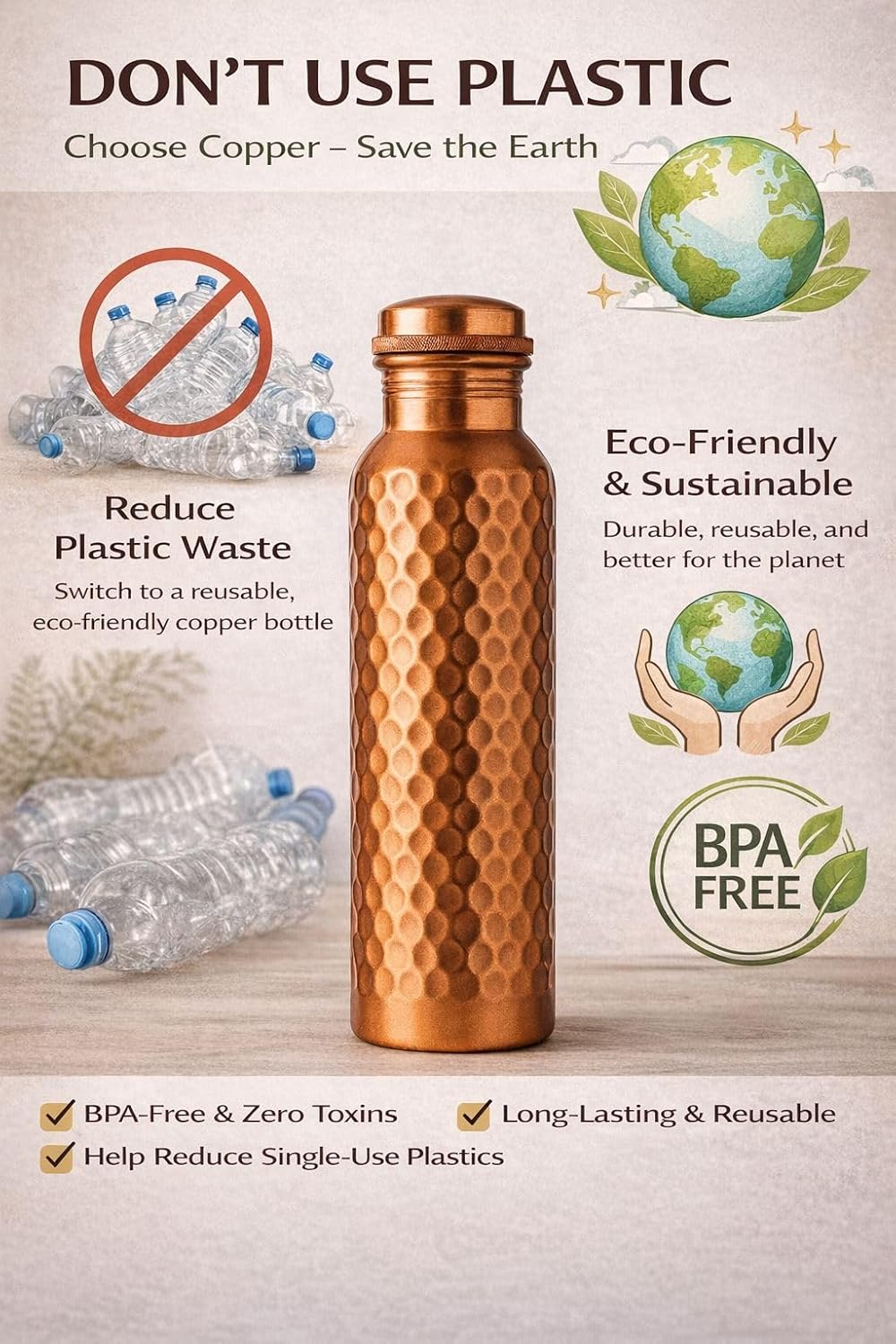 SYTH 100% Pure Copper Water Bottle With carrying Canvas Bag|Lab-Tested|34 OZ Leakproof, Handcrafted Ayurvedic Copper Vessel for Health, Pure copper water bottle for drinking (Copper Bottle With bag) - Image 3