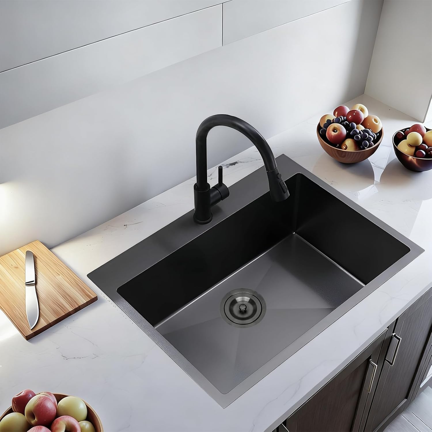 28x18 Inch Black Kitchen Sink, Topmount Drop In Stainless Steel Single Bowl Kitchen Sink, 16 Gauge Extra-Thick Modern Bar Prep RV Laundry Sinks with Mounting Brackets and Basket Strainer