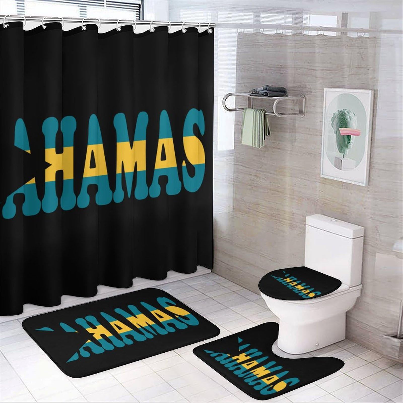 CGSBNGHA Bahamas Flag Shower Curtain Set 4 Piece Bathroom Sets with Rugs Toilet Lid Cover And U-Shaped Floor Mat