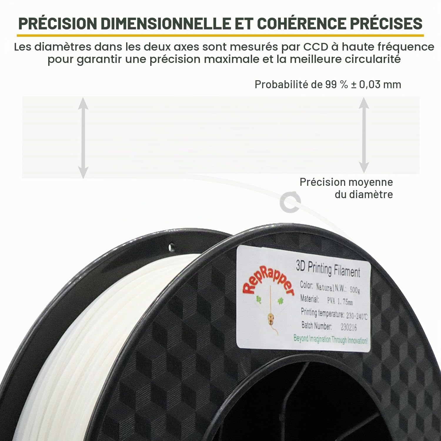 RepRapper Filament PVA 1,75 mm soluble dans l'eau pour imprimante 3D, bobine de 500 g (1,1 lb) couramment utilisée comme matériau de support, Naturelle.