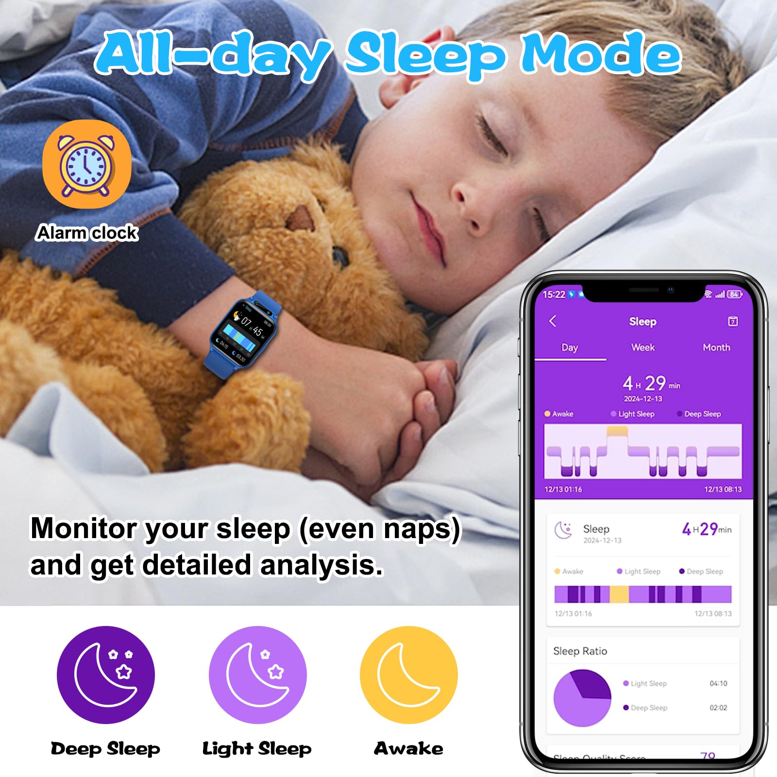 Smart Watch per bambini, fitness tracker da 4,7 cm con frequenza cardiaca, monitoraggio del sonno, smartwatch impermeabile IP68 con video musica, contapassi, gioco, senza app/telefono, regalo per