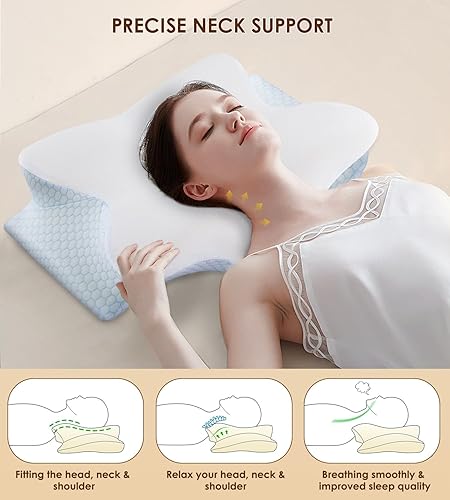 Miniatura 3 de Almohada cervical de espuma viscoelástica para cuello y hombros, almohada cervical ergonómica de contorno para dormir con 2 alturas, almohadas