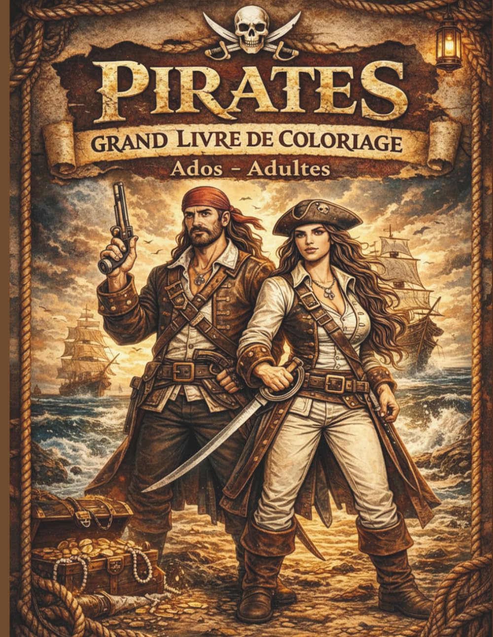 PIRATES - GRAND LIVRE DE COLORIAGE: Cahier de coloriage pirates détaillé pour ados et adultes. Aventure, trésors et galions à colorier. Détente, créativité et immersion anti-stress.