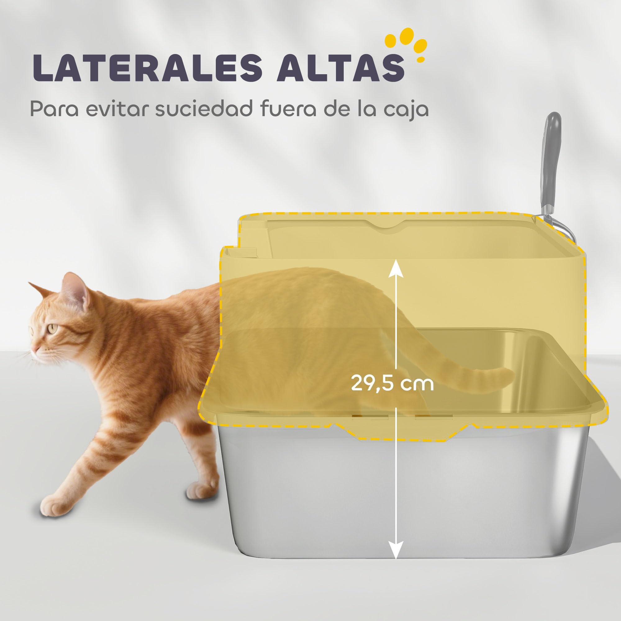 PawHut Arenero para Gatos de Acero Inoxidable XL Pala 60x40x29,5 cm Gris | Caja de Arena para Gatos Arenero, con Borde Alto, Fácil de Limpiar, Prueba de Fugas