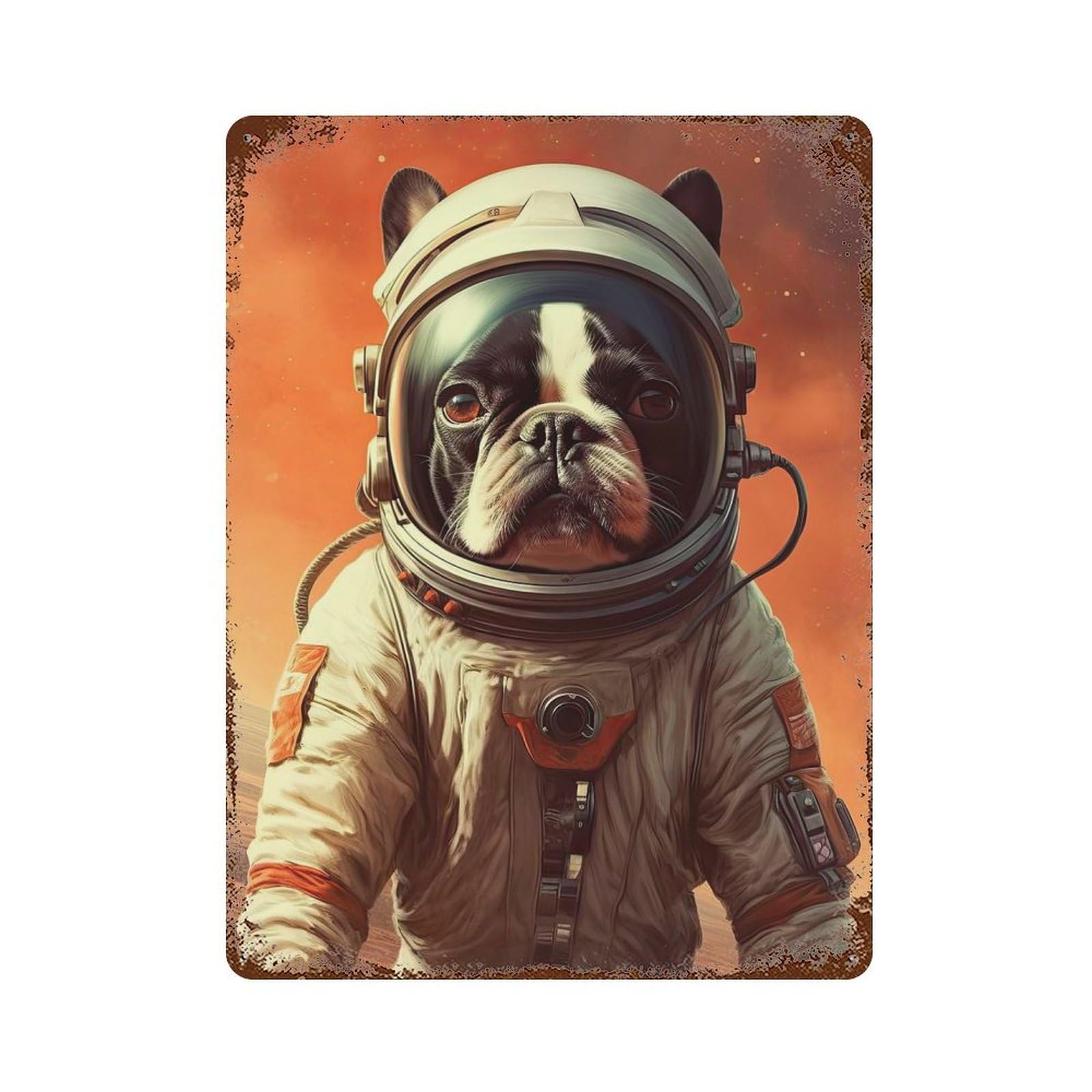 Decorative Tin Sign with Boston Terrier Mars Design 15.7"x11.8", for Garage, Bar And Workshop Decor, Decorative Metal Wall Art