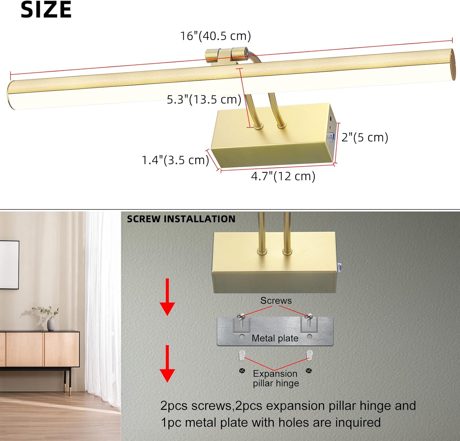 Picture Light, Rechargeable Art Lights for Paintings,Remote Control Display Accent Lighting with Timer and Dimmable for Mirror,Frame,Portrait,Dart Board-Gold