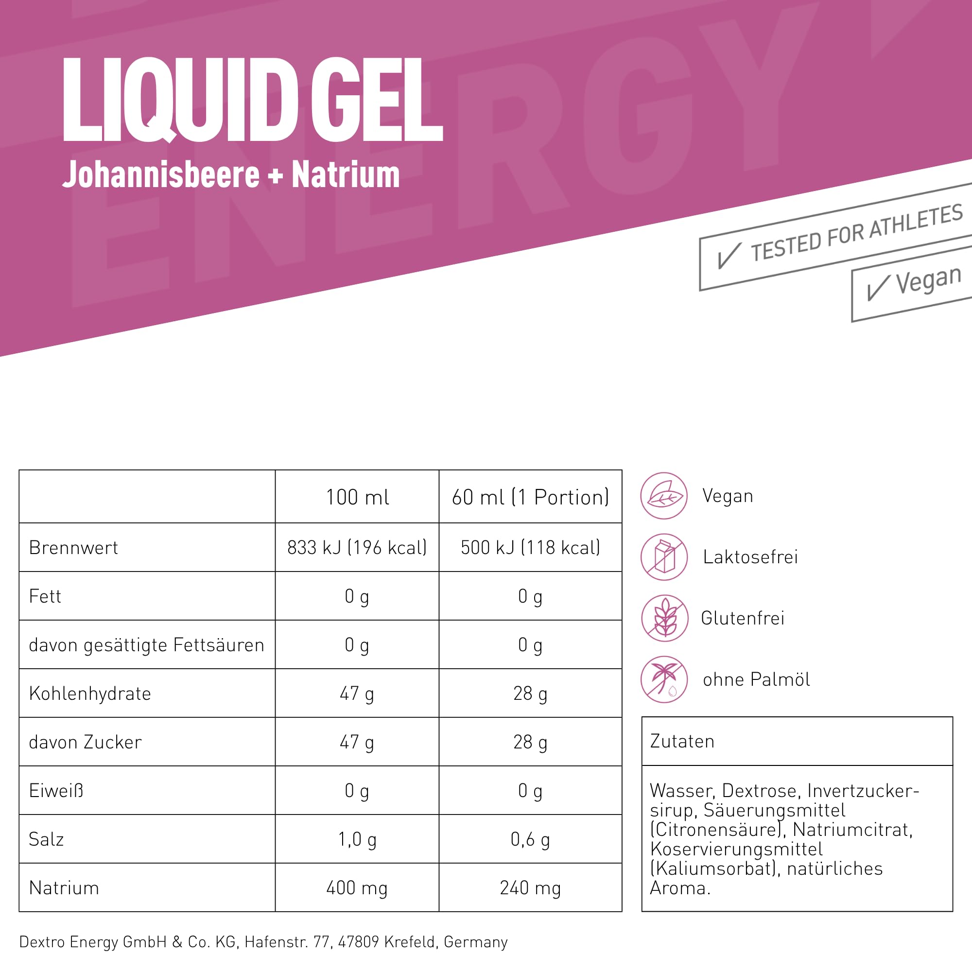Dextro Energy Liquid Gel Blackcurrant + Natrium - 18x60 ml (18er Pack) | High Carb Energy Gel zur schnellen Kohlenhydrate Versorgung + 240 mg Natrium
