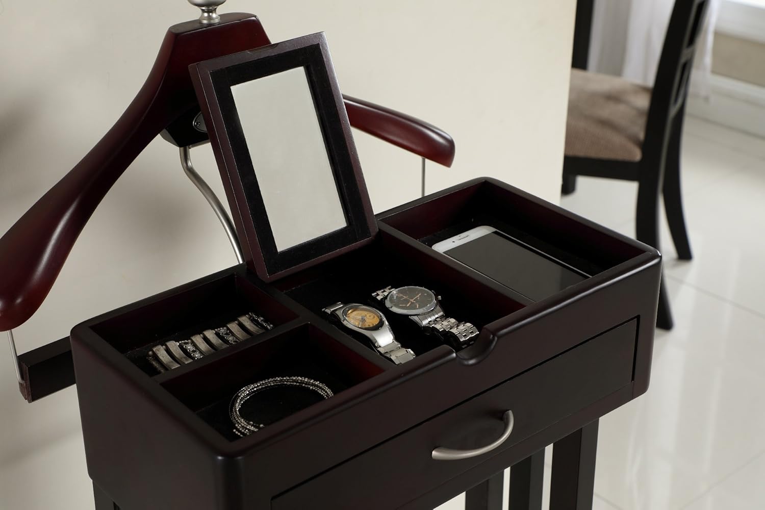 Proman Products Norstar Suit Valet Stand VL16245 with Detachable Hanger, Trouser Bar, Tie Bars, Mirror Tray & Drawer, 20”W x 15” D x 49”H, Mahogany